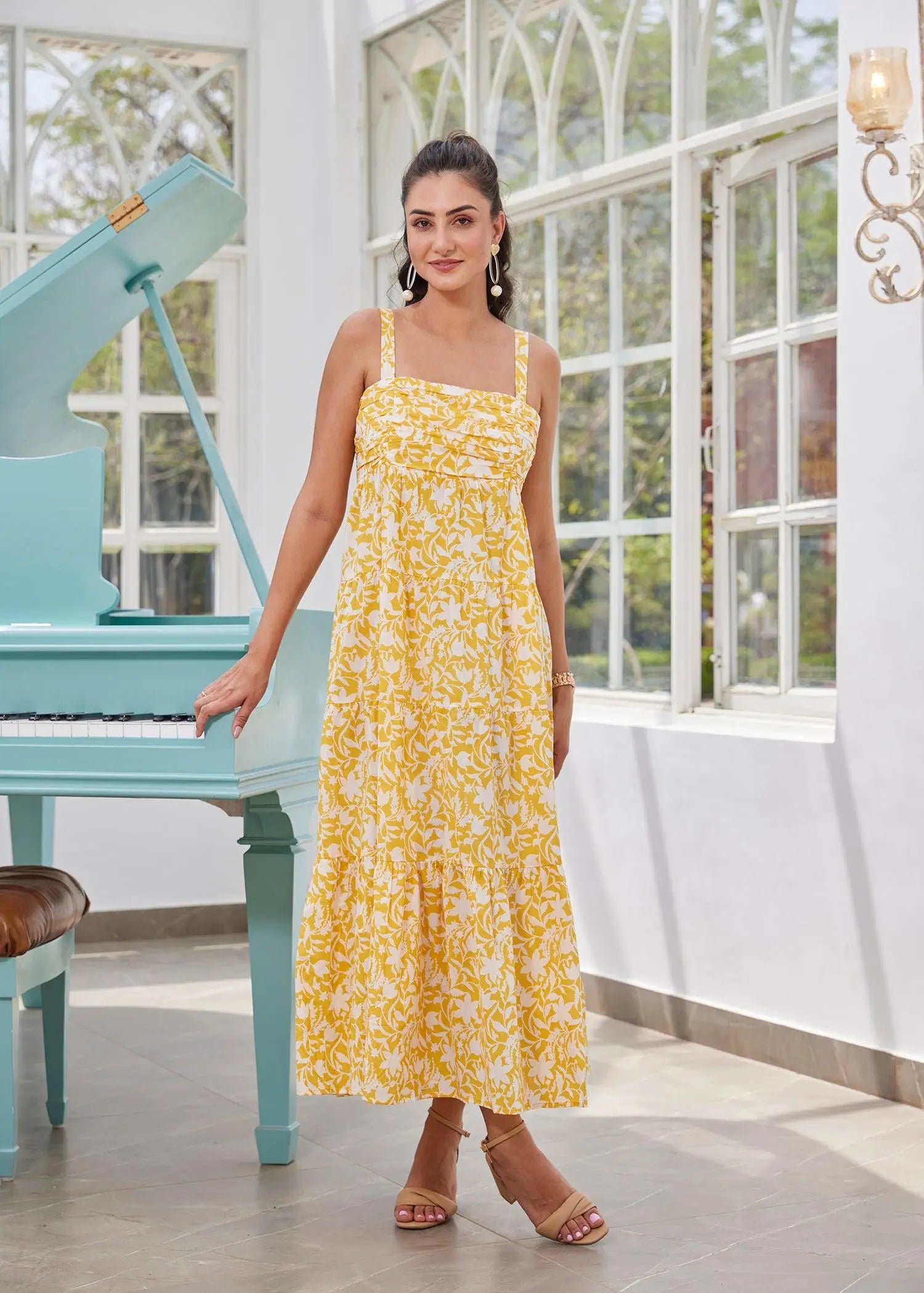 Mimosa Yellow Semi Flared Cotton Square Neck Maxi Dress