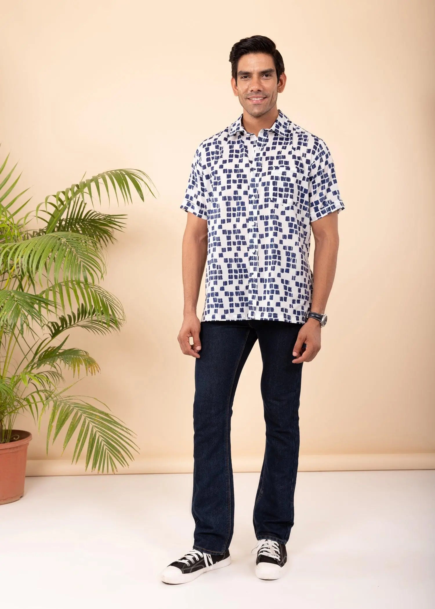 White & Navy Regular Cotton Half Sleeves Shirt