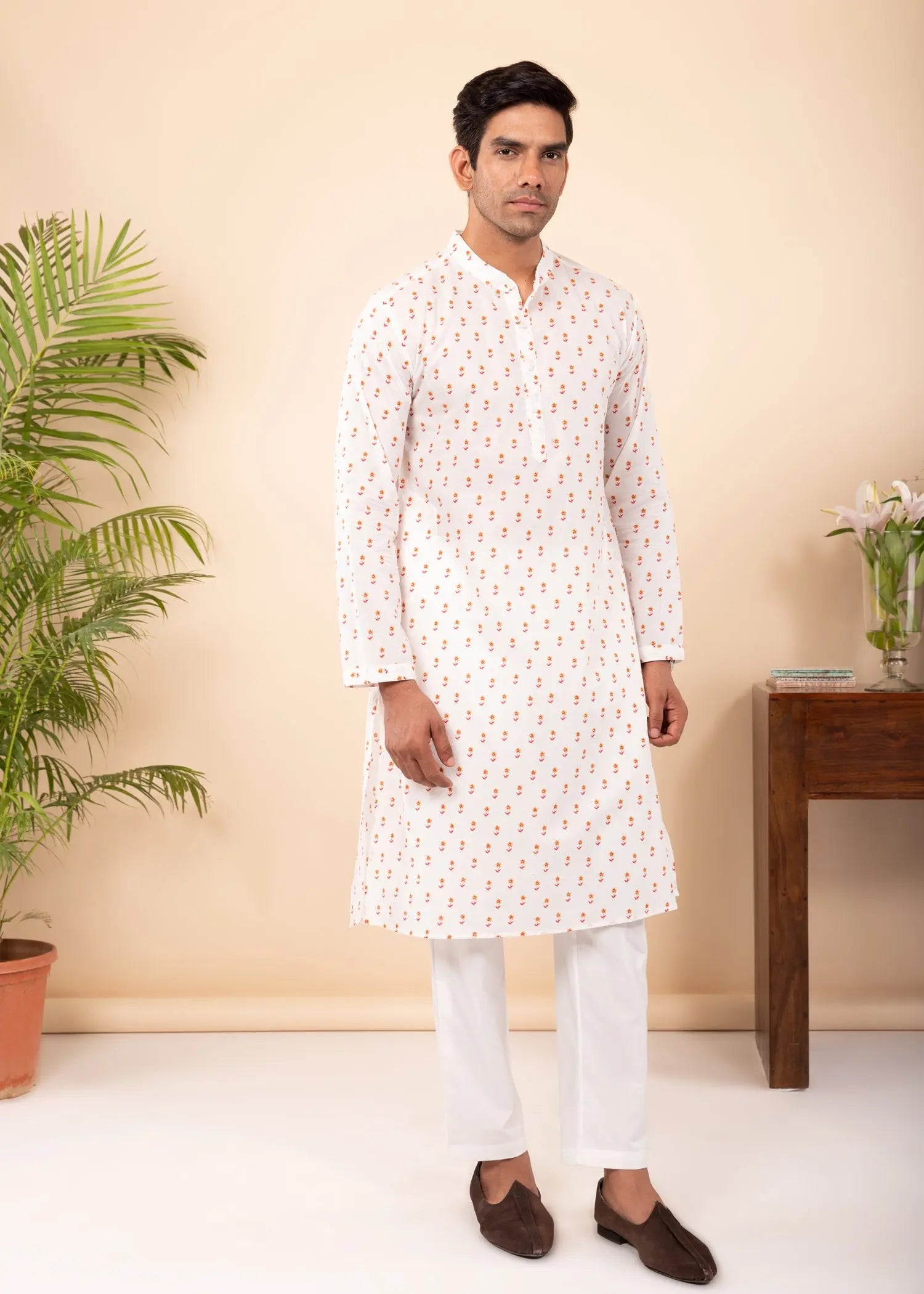 Cream & Rust Regular Cotton Full Sleeve Chinese Collar Long Kurta