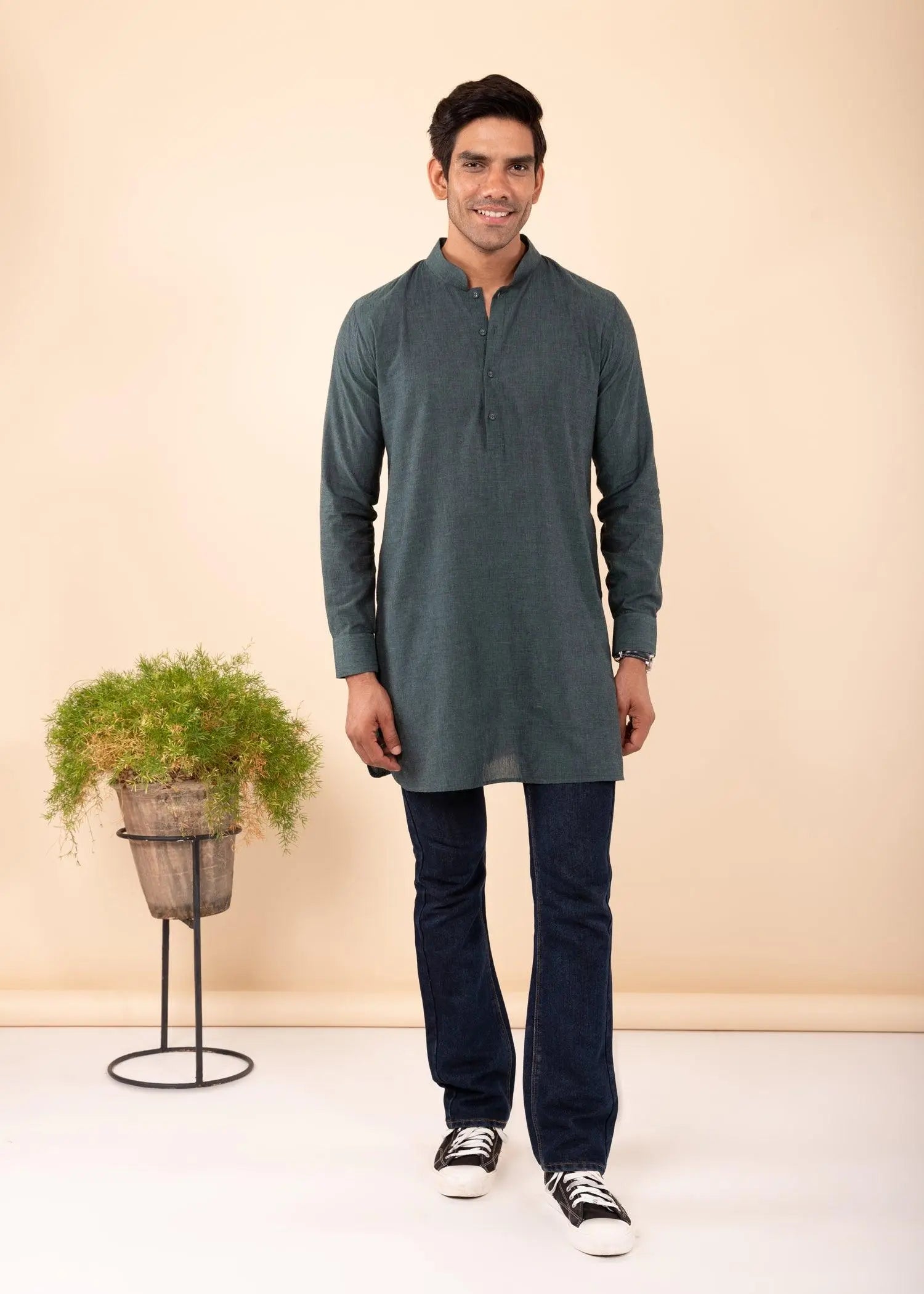 Trekking Green Regular Woven Cotton Men's Short Kurta