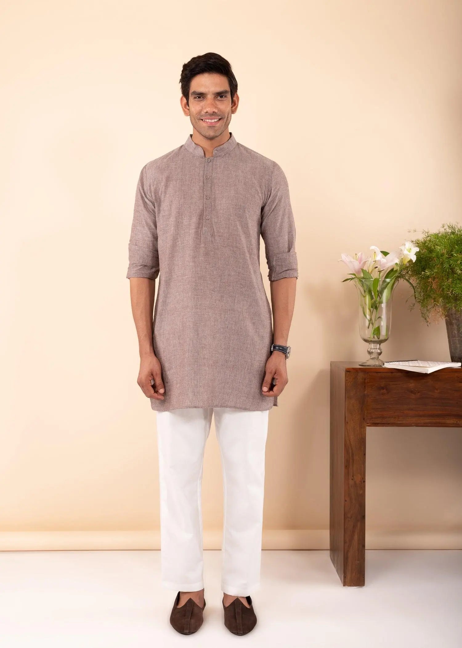 Dark Beige Regular Woven Cotton Men's Short Kurta