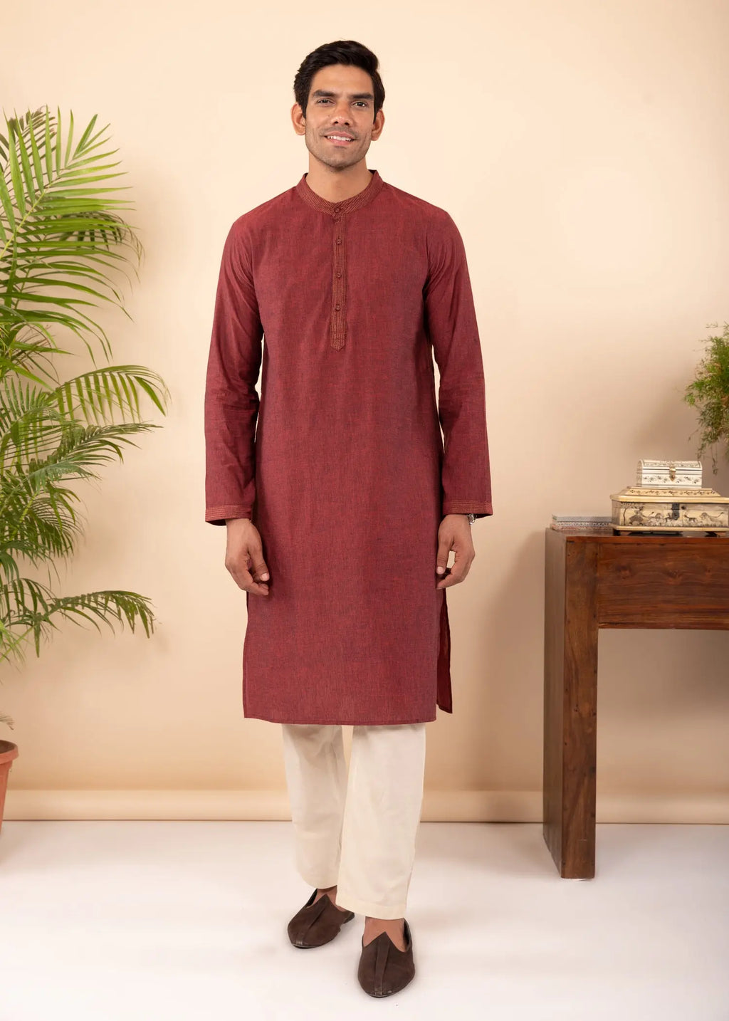 Rust Red Regular Woven Cotton Men's Long Kurta