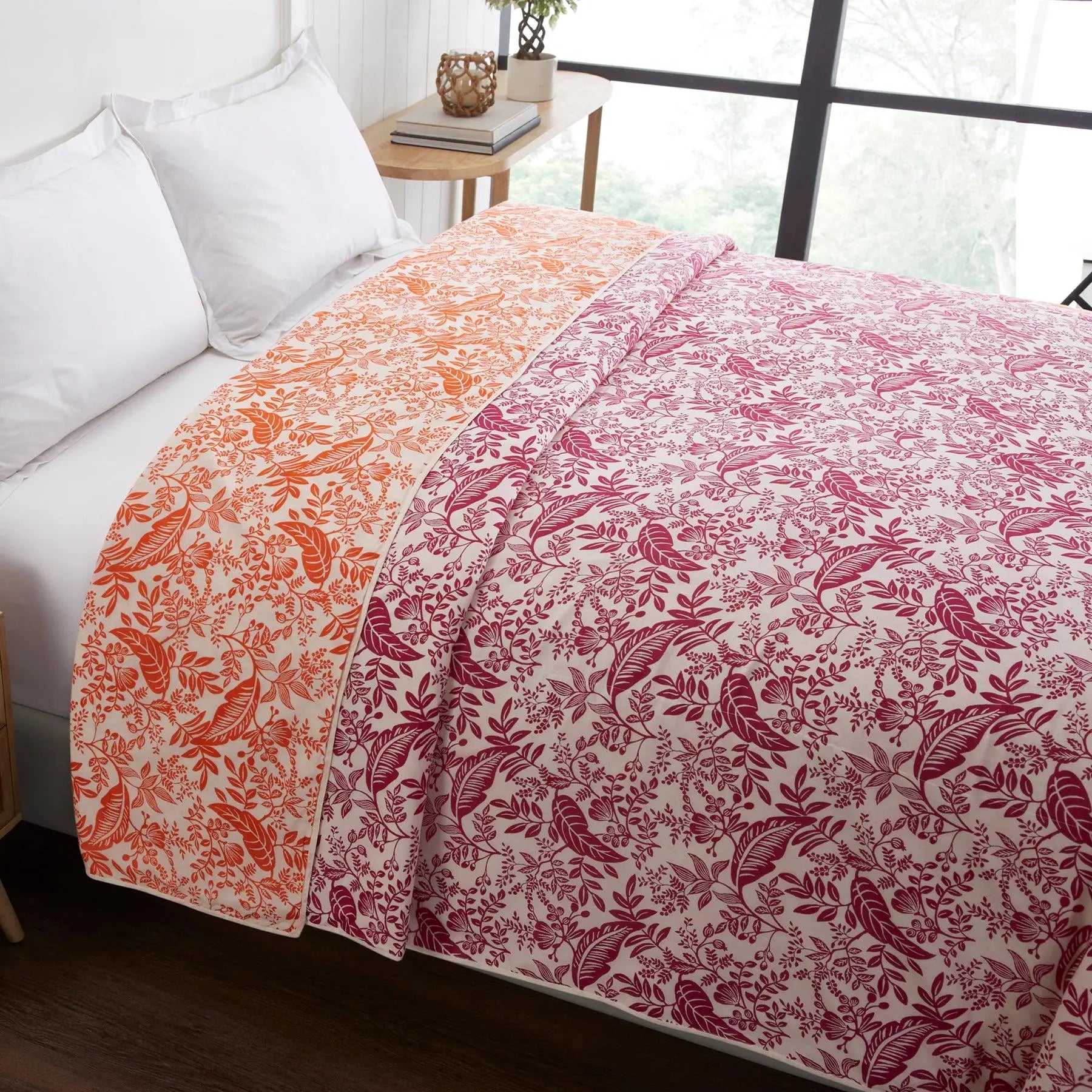 Leaf Orange & Pink Hand Screen Print Cotton Dohar