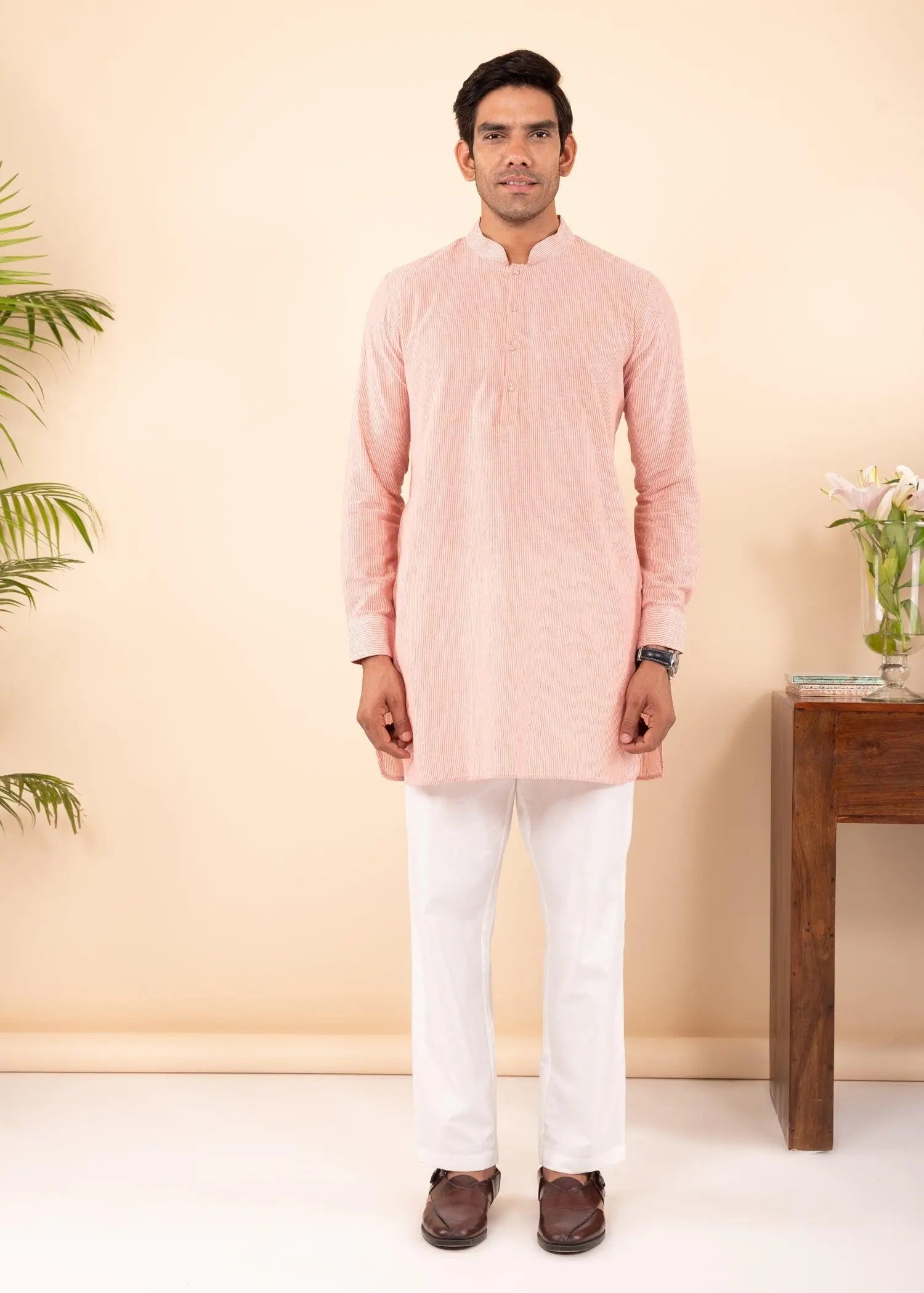 Pink Regular Woven Cotton Men's Short Kurta