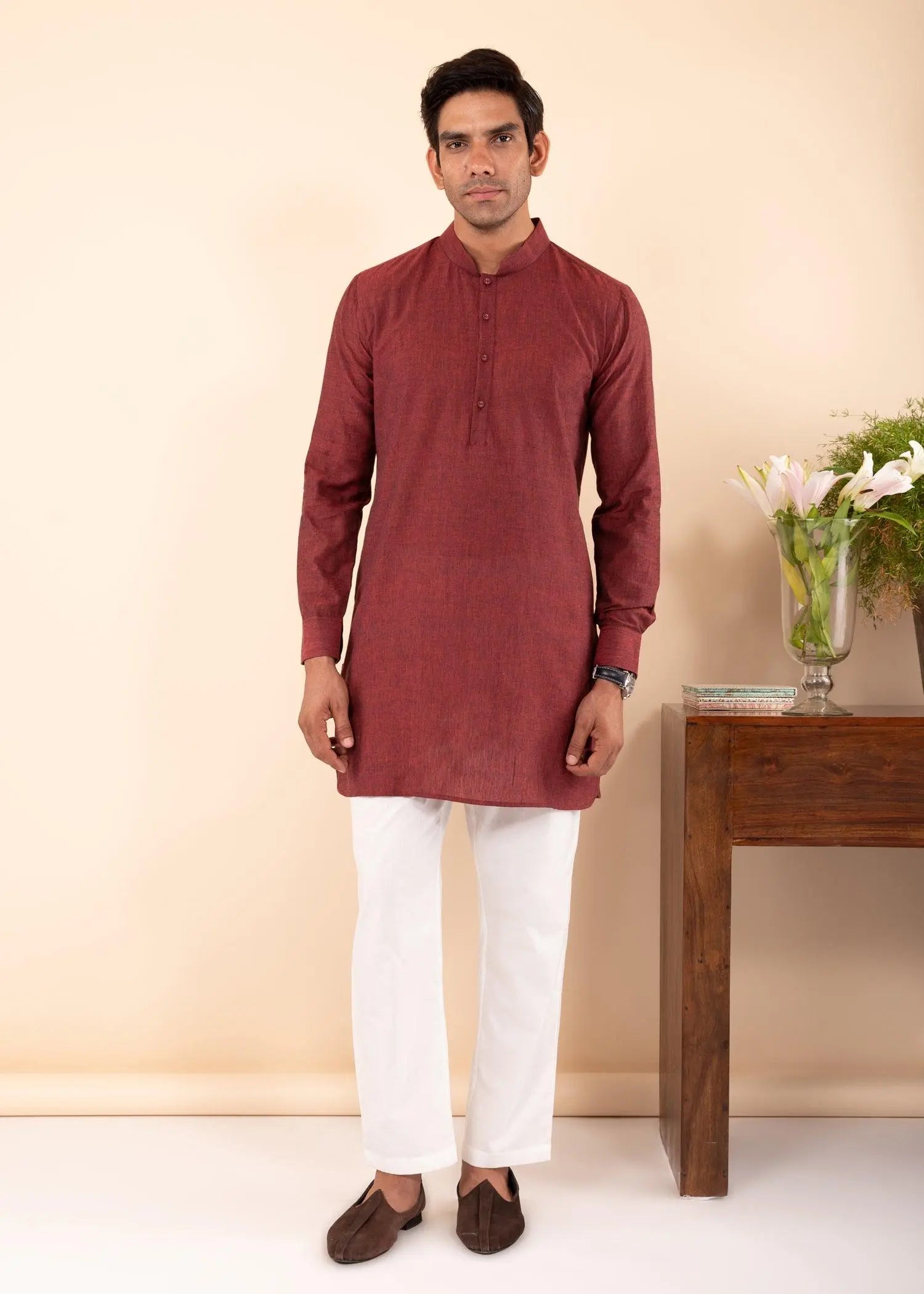 Rust Red Regular Woven Cotton Men's Short Kurta