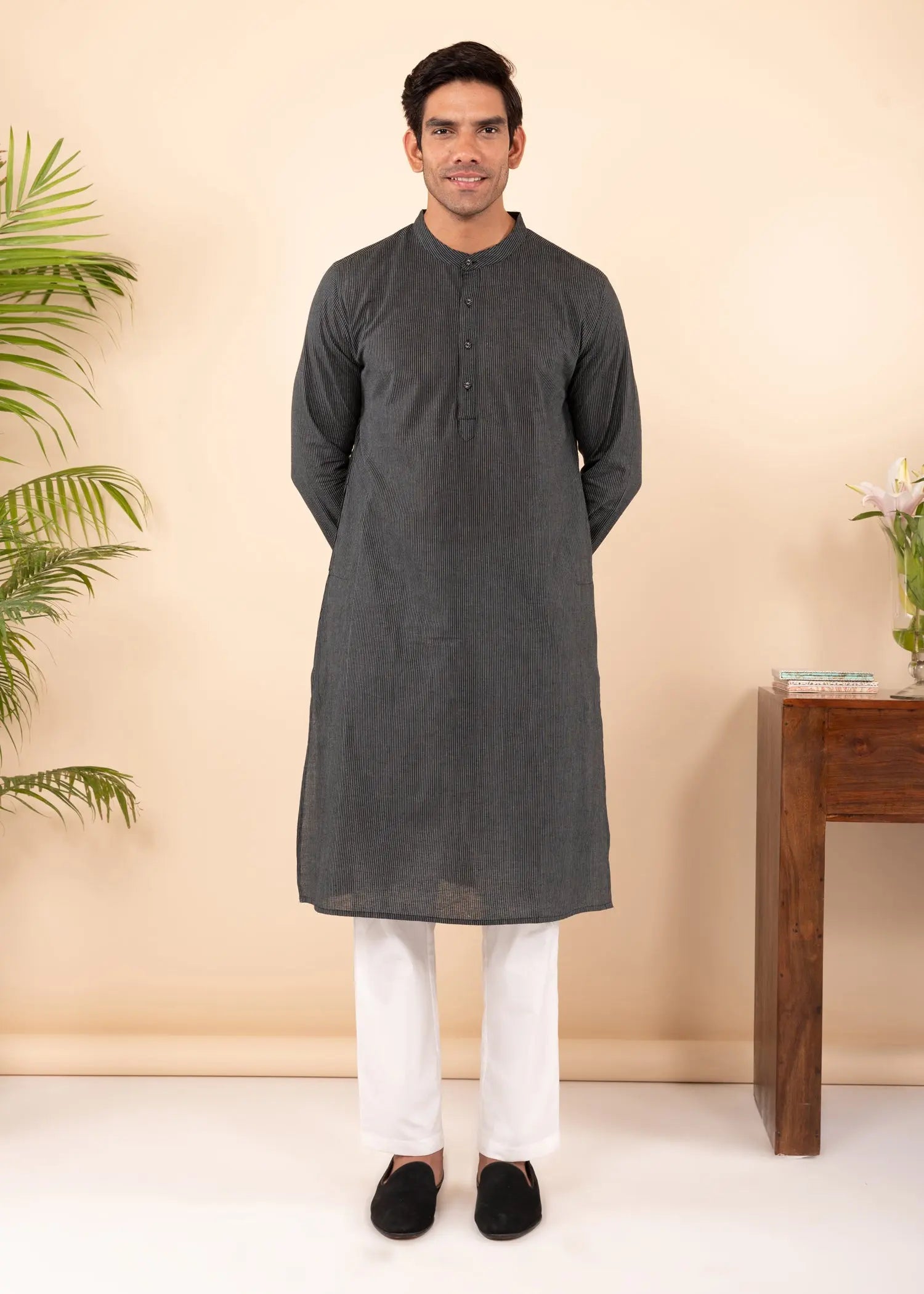 Black Regular Woven Cotton Full Sleeve Chinese Collar Long Kurta