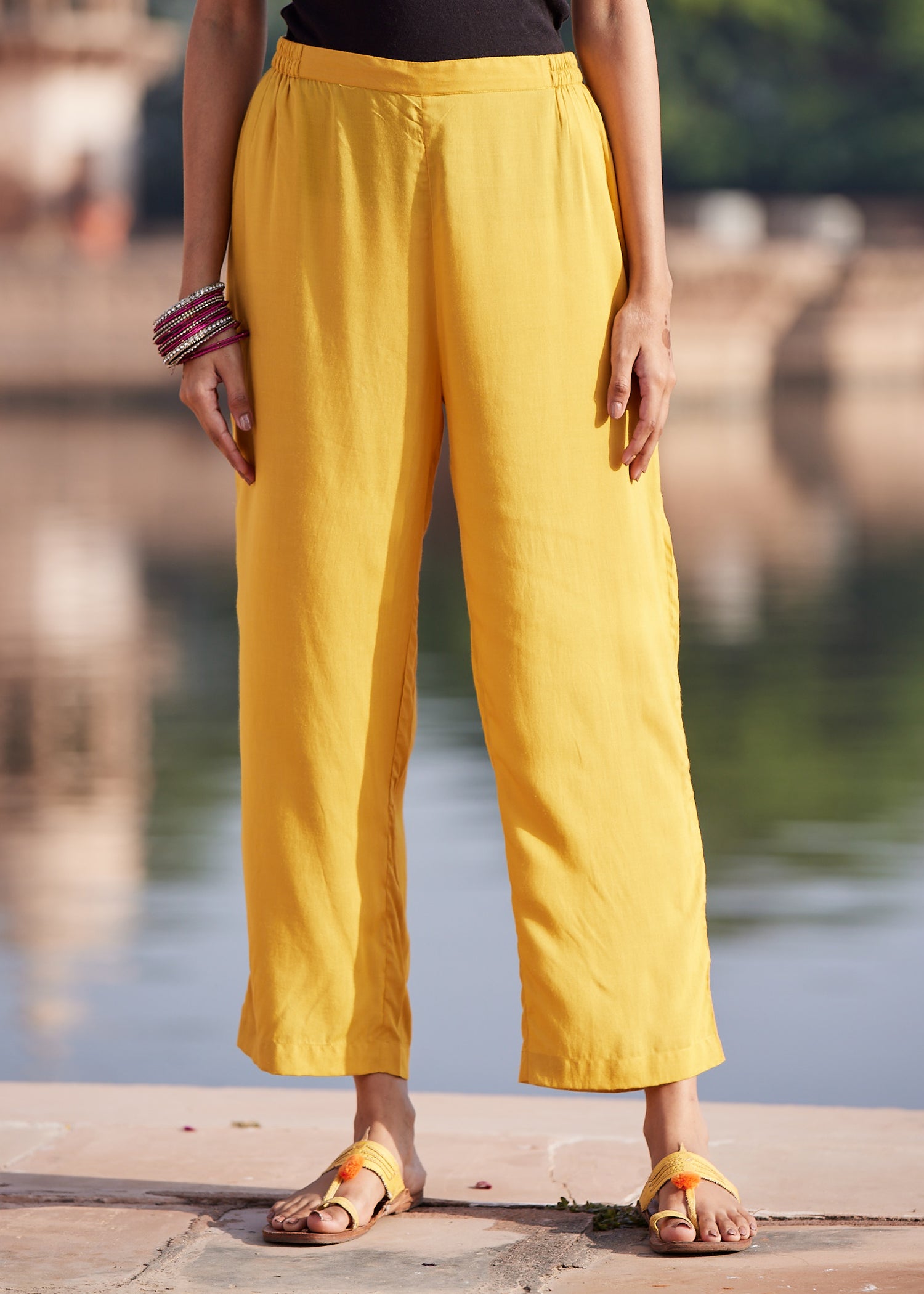 Yellow Regular Viscose Pant