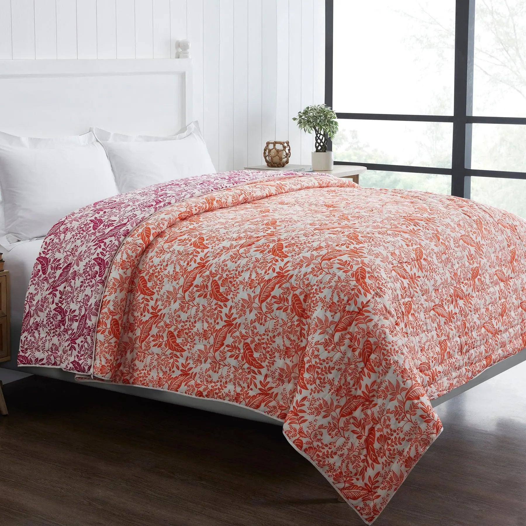 Leaf Orange & Pink Hand Screen Print Cotton Quilt