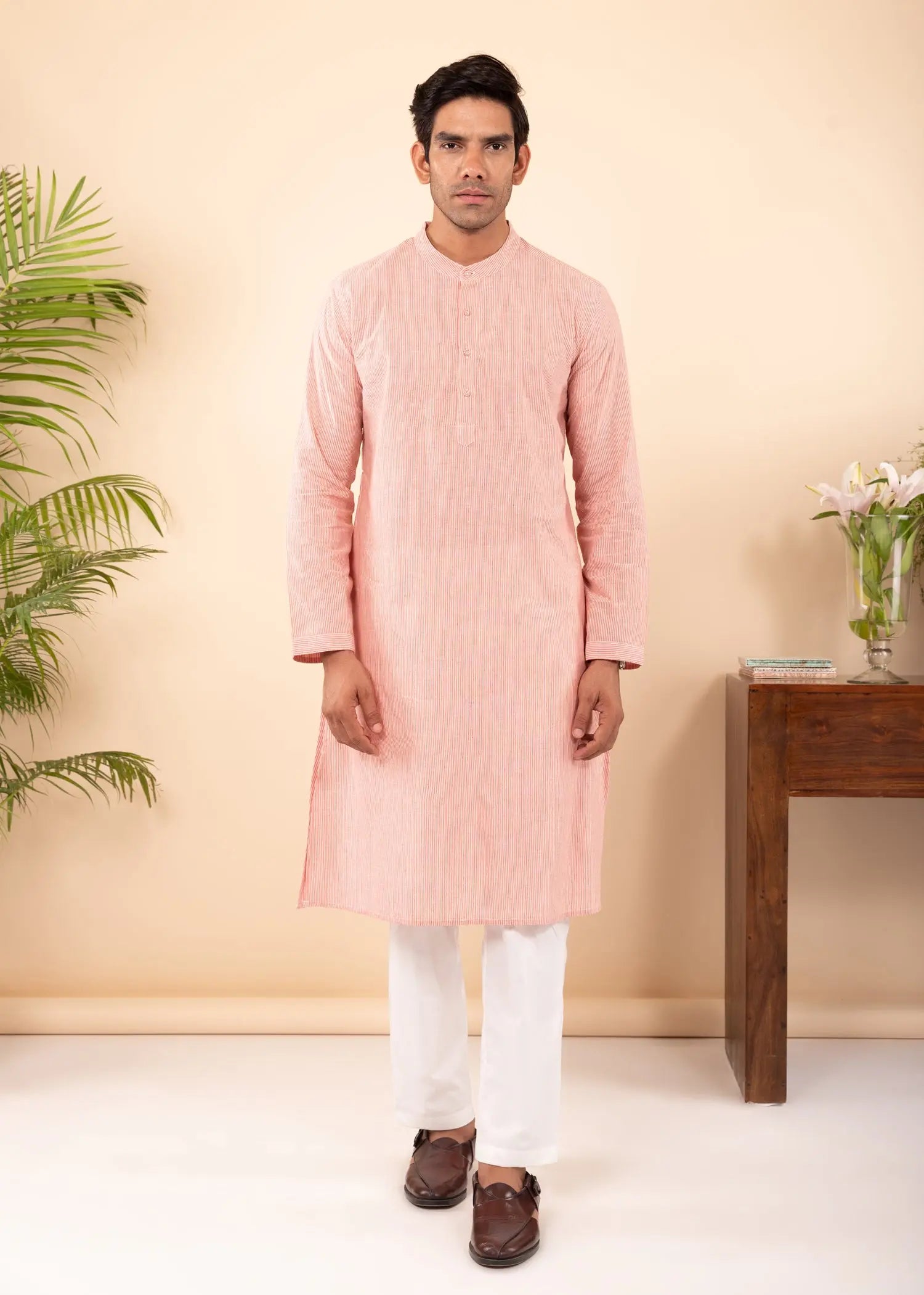 Pink Regular Woven Cotton Full Sleeve Chinese Collar Long Kurta