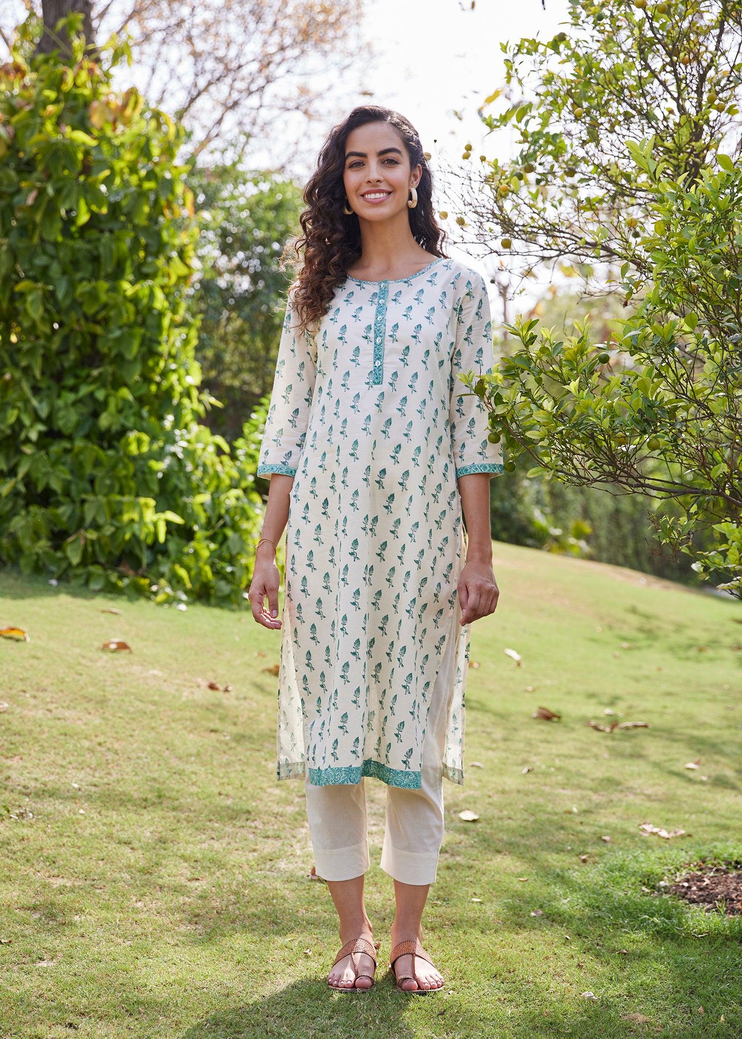 Cream & Green Straight Cotton Long Kurta