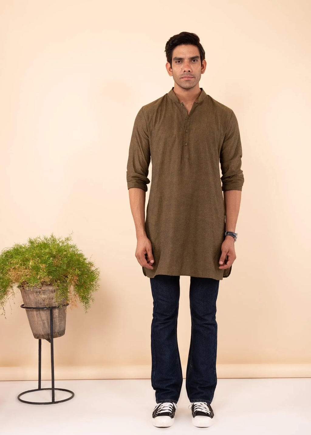 Olive Green Regular Woven Cotton Men's Short Kurta