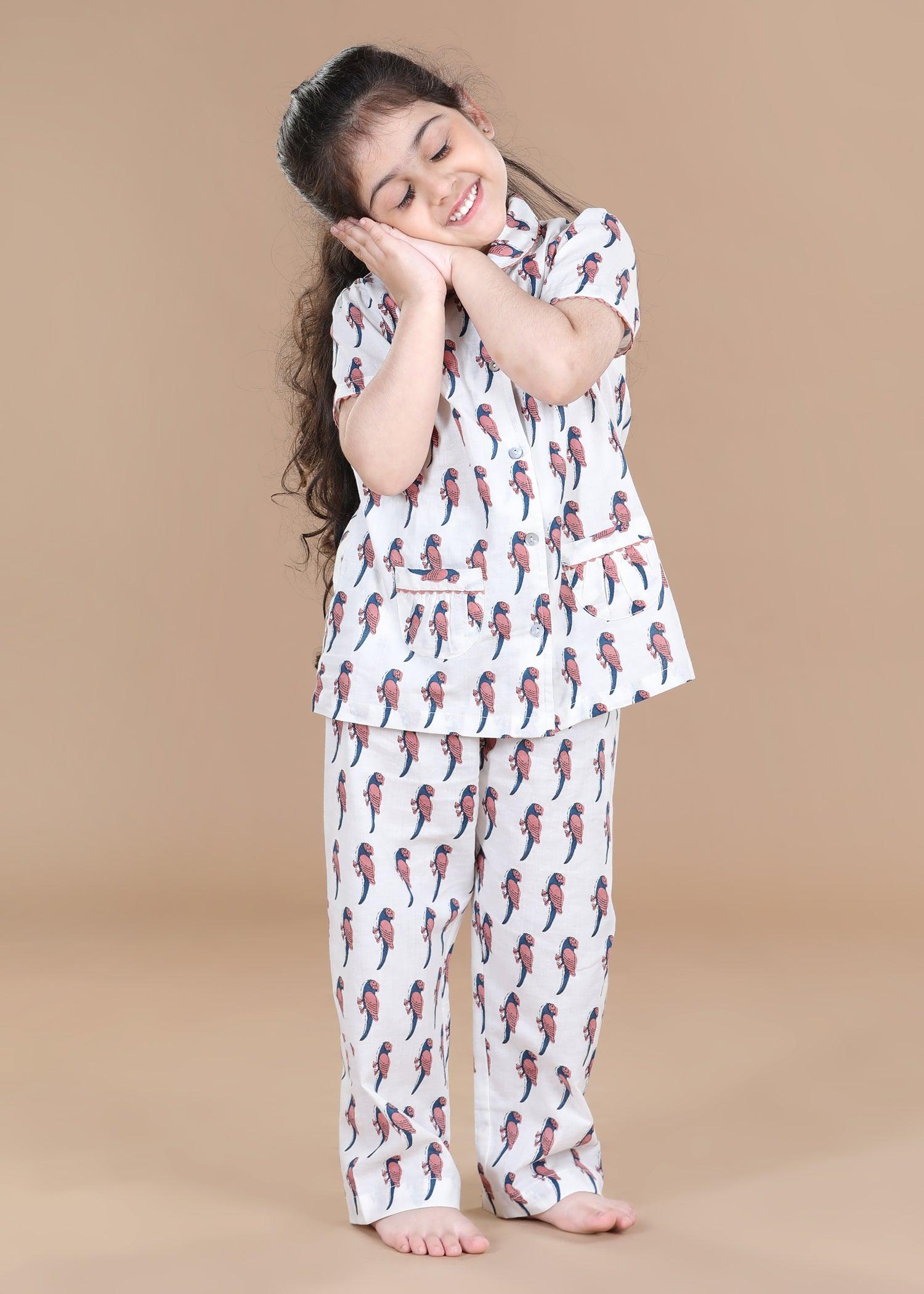 Tota Cream Half Sleeves Cotton Nighsuit Girl (1-12 Years)