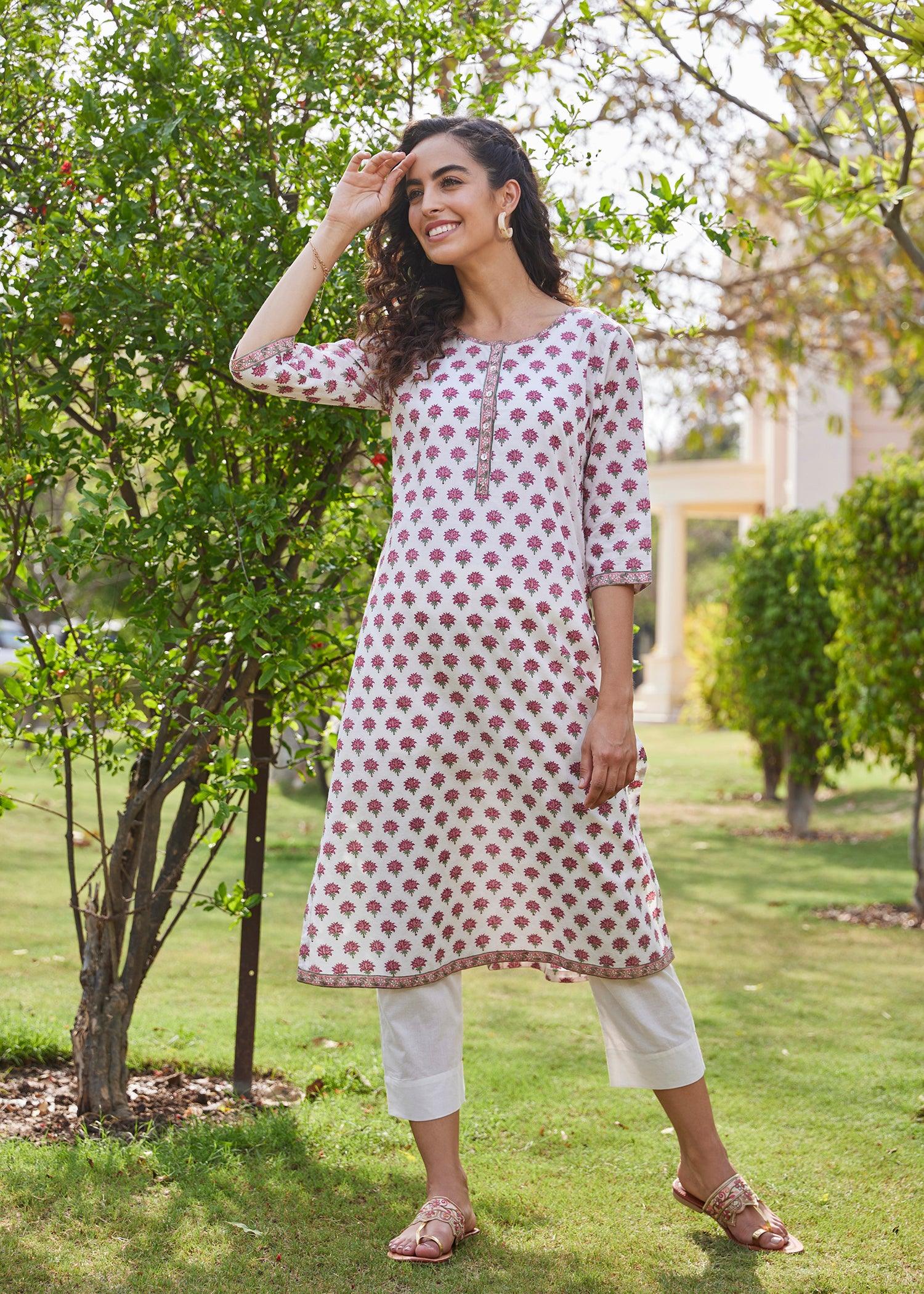 White & Pink Straight Cotton Long Kurta