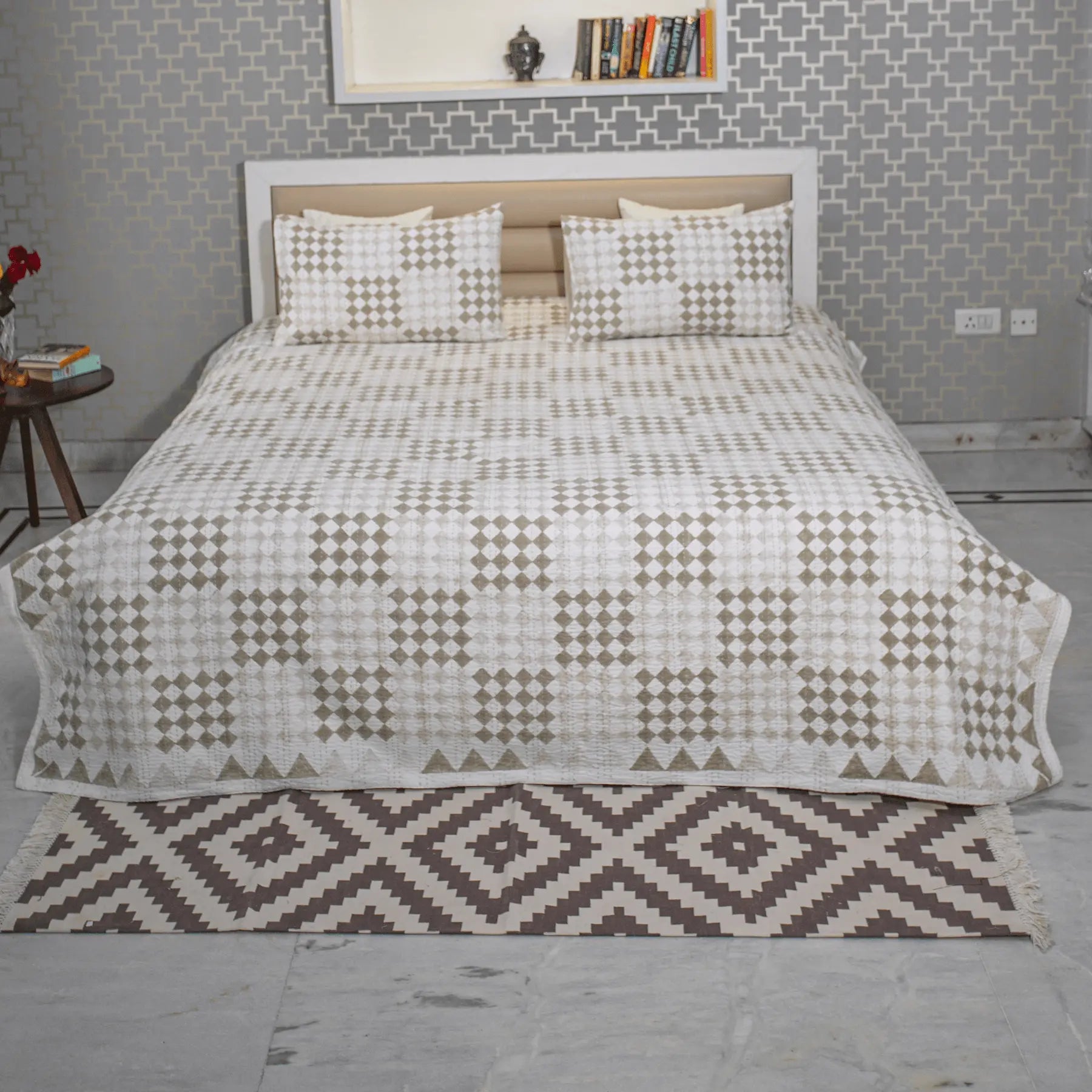 Beige Color Hand Block Printed Katha Bedcover with 2 Pillow Covers