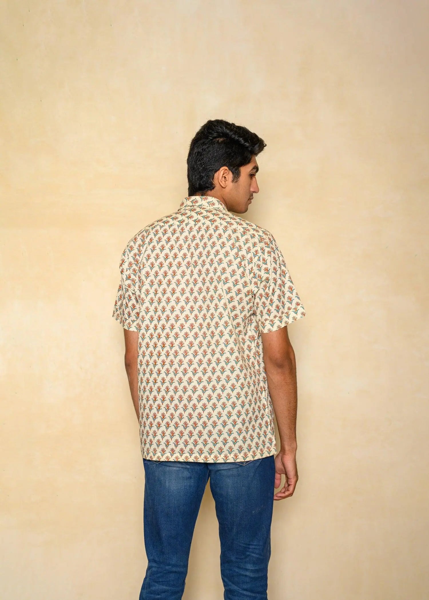 Cream Regular Cotton Half Sleeves Shirt