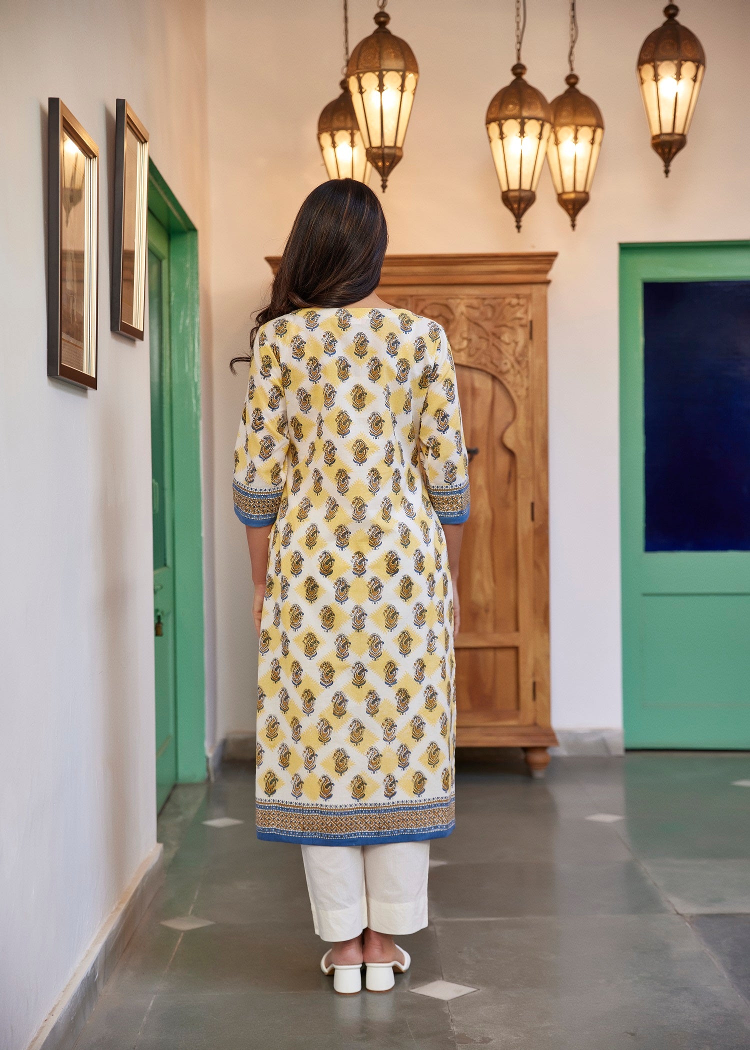 Classic Yellow/Blue Cotton Straight Kurta