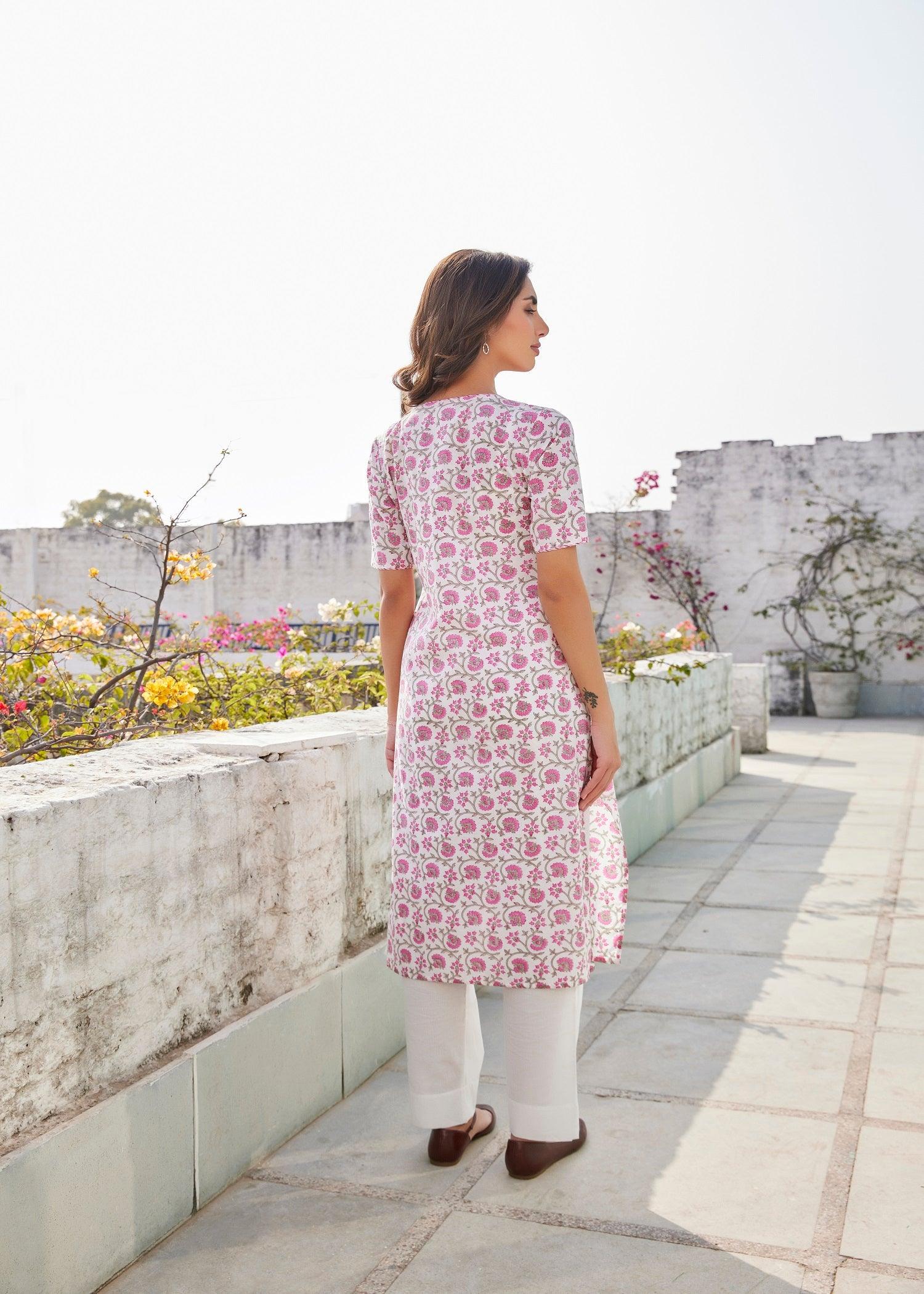 Basic White/Pink Cotton Straight Kurta