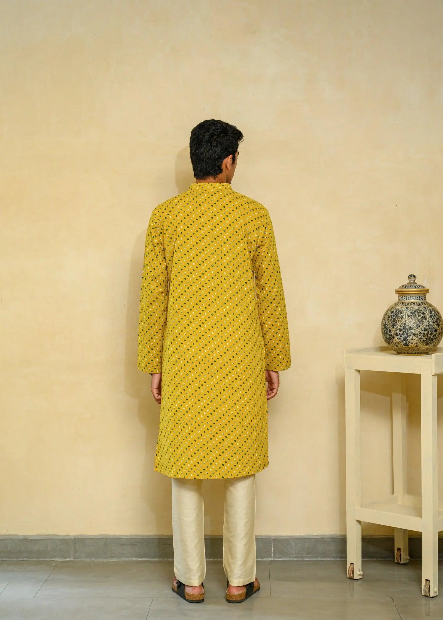 Yellow Regular Cotton Men's Long Kurta