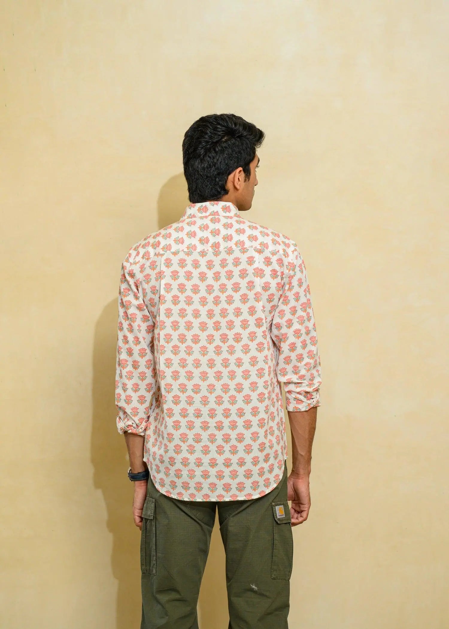 White & Peach Regular Cotton Full Sleeves Shirt