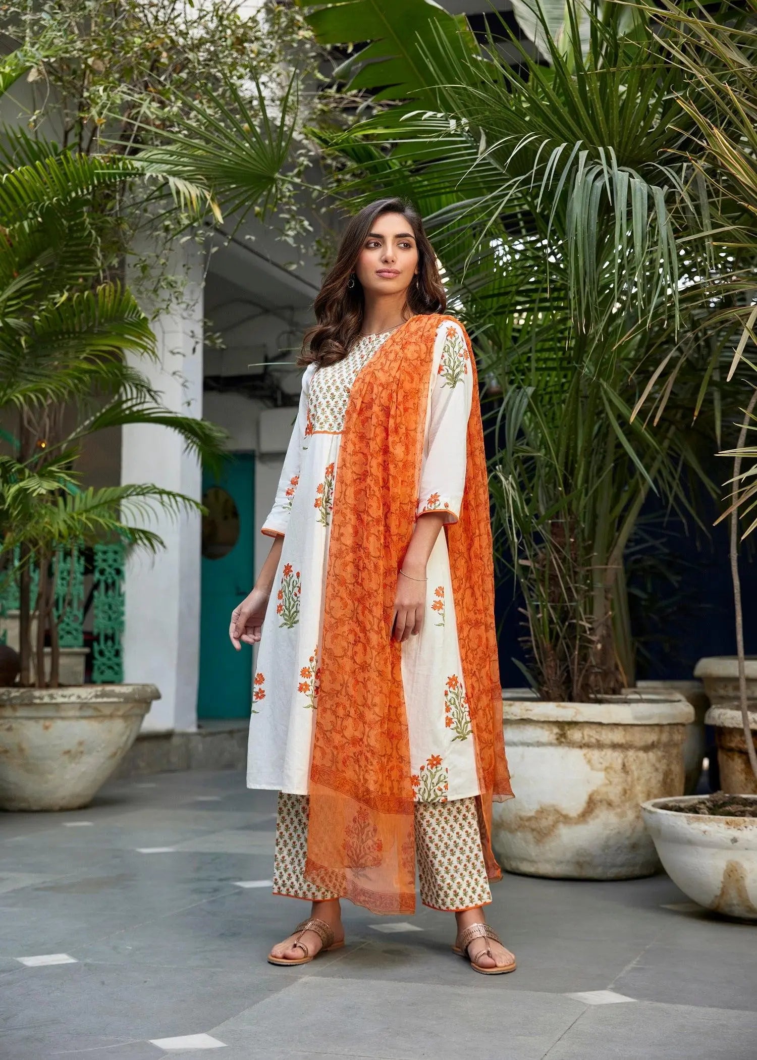 Falak White /Orange Cotton Suit Set