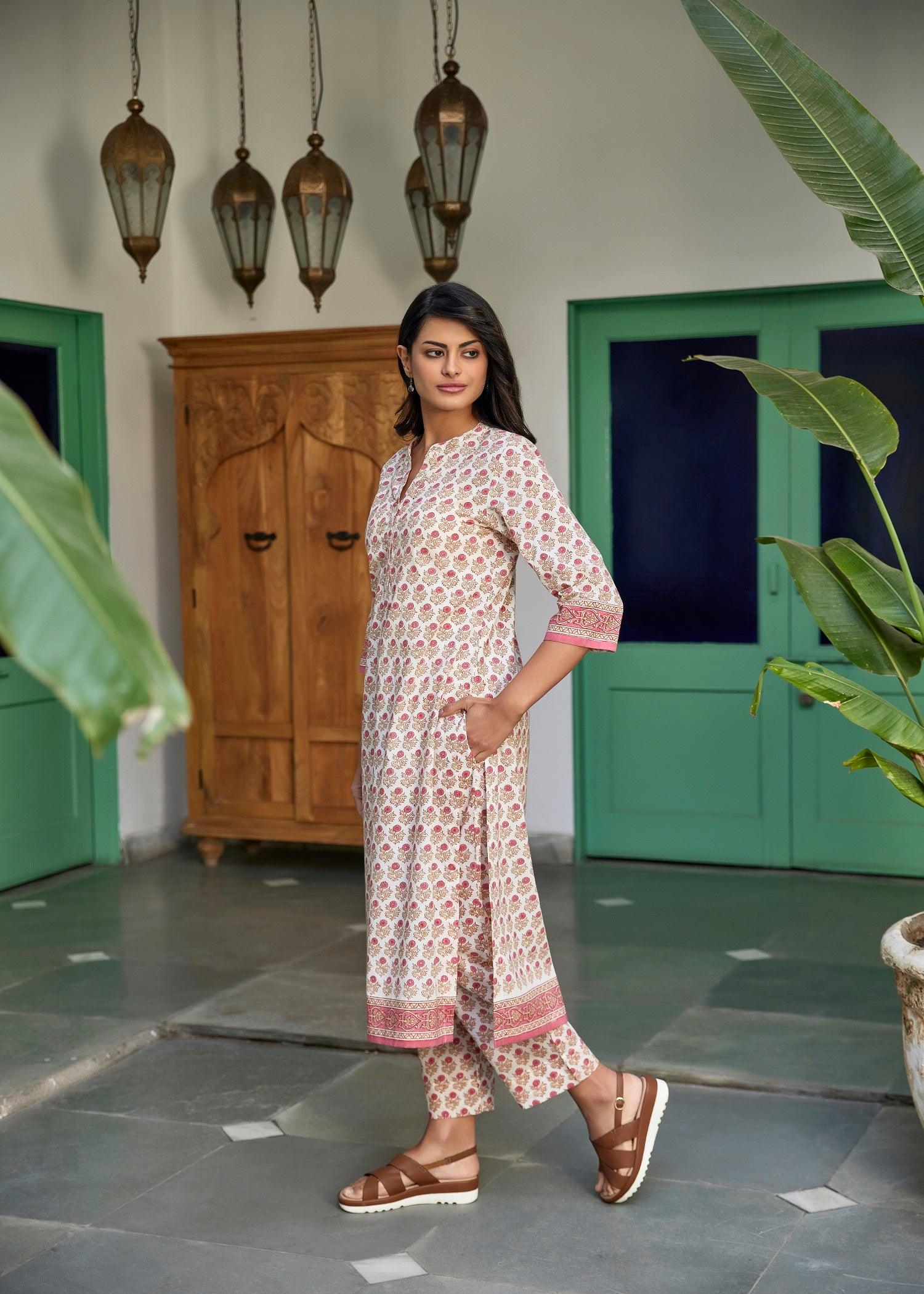 Smiriti Cream/Pink Cotton Straight Kurta