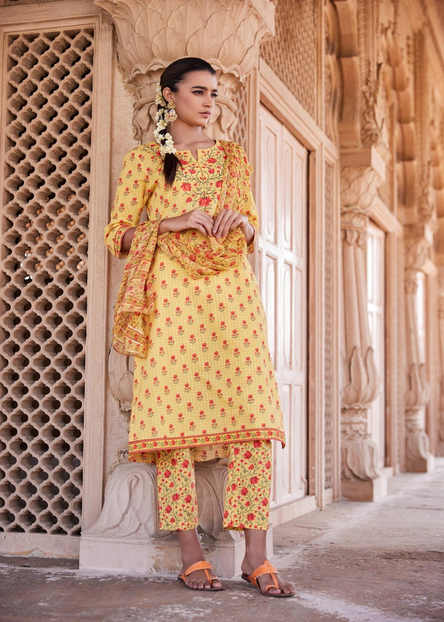 Rangrez Yellow Color Calf Length Classic Long  Cotton Kurta