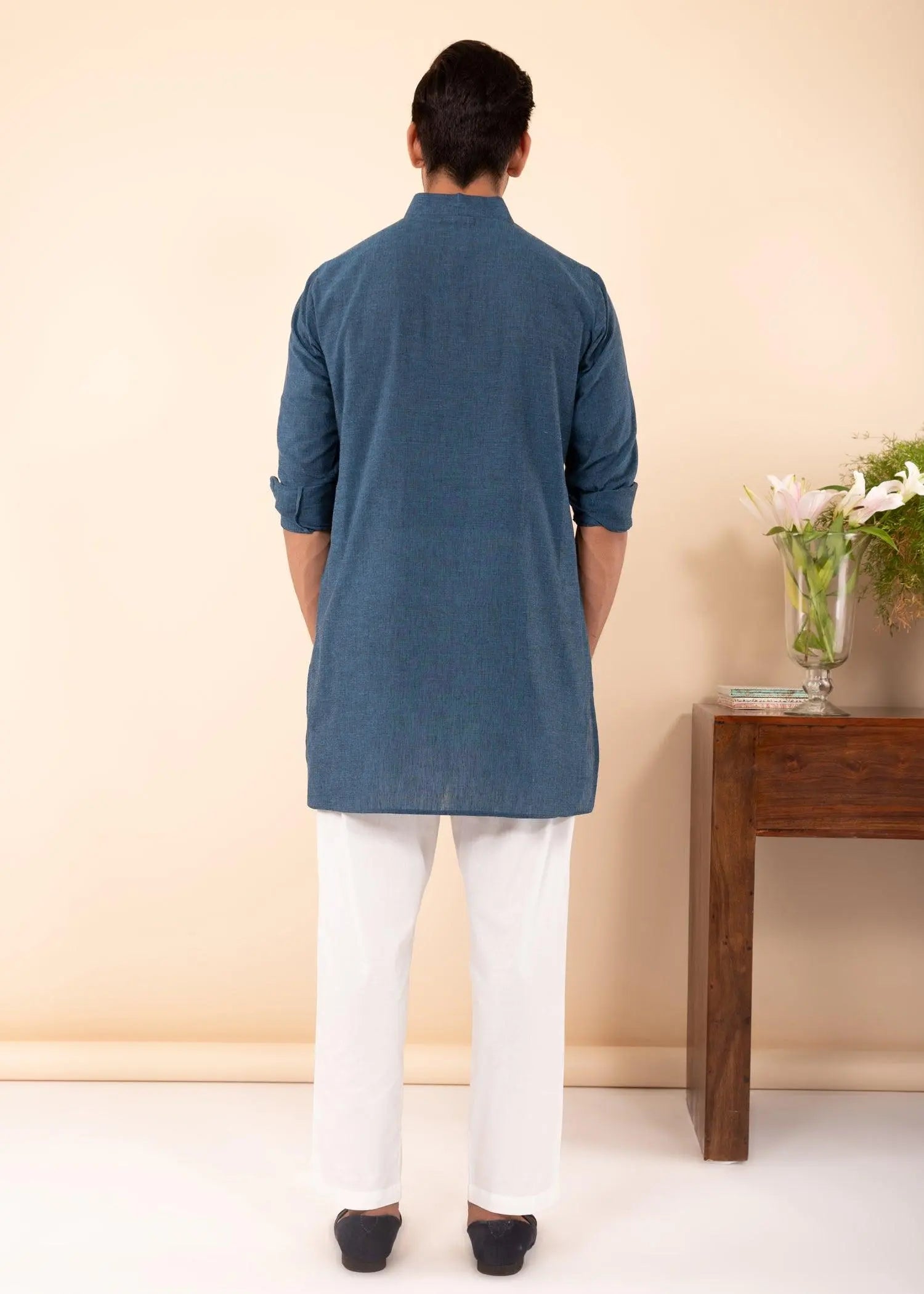 Sailor Blue Regular Woven Cotton Men's Short Kurta