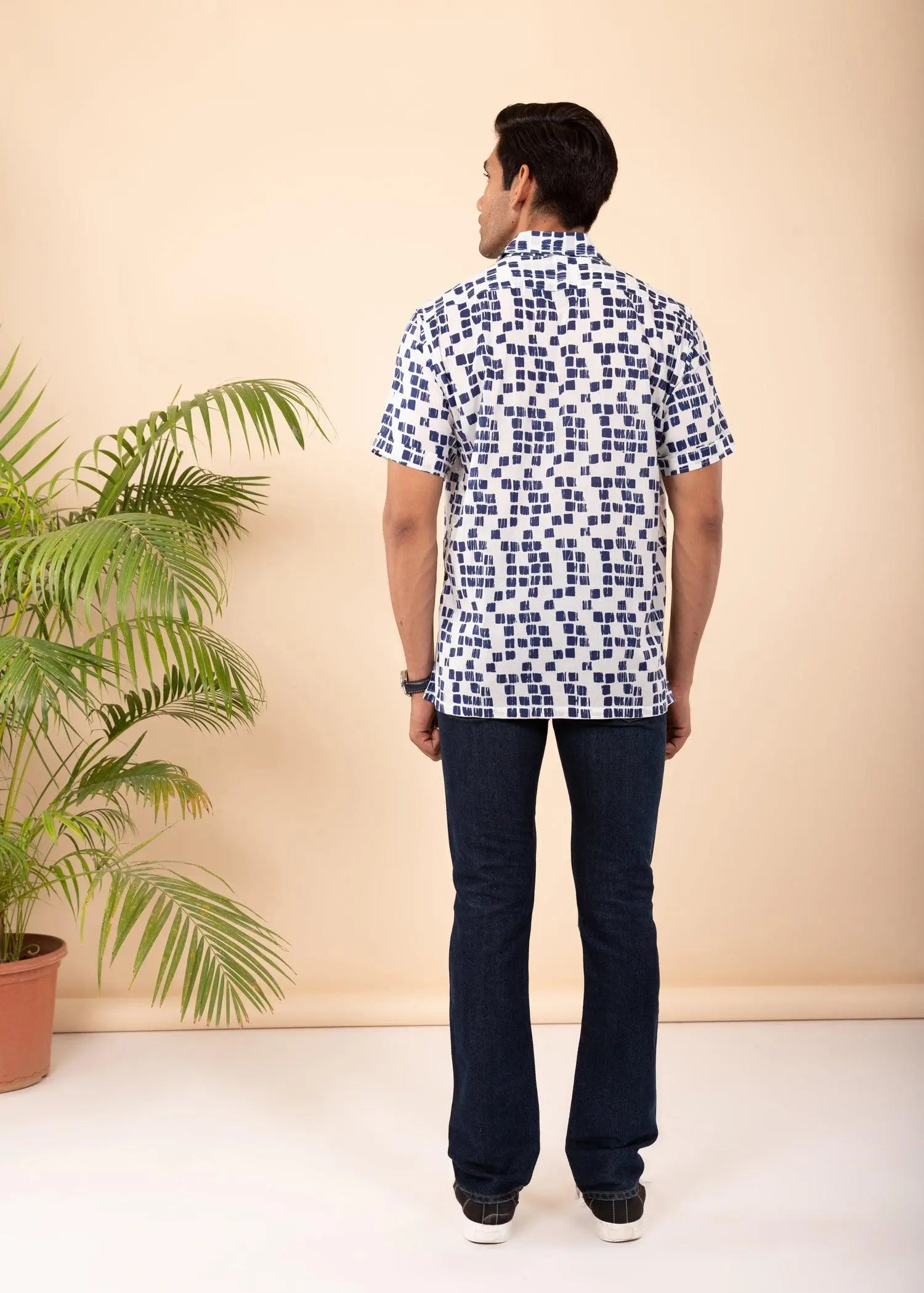 White & Navy Regular Cotton Half Sleeves Shirt