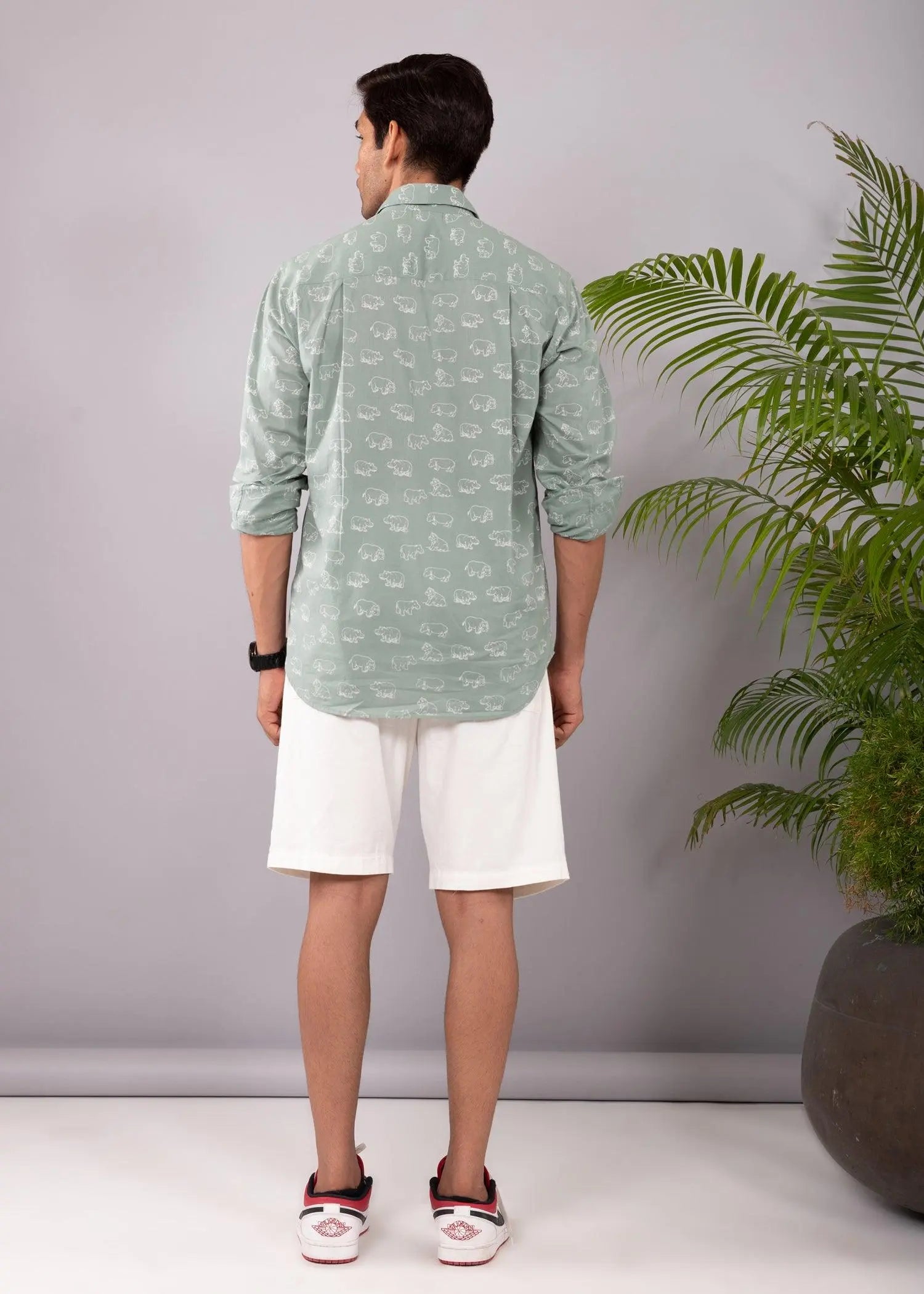 Green/Cream Regular Cotton Full Sleeves Shirt