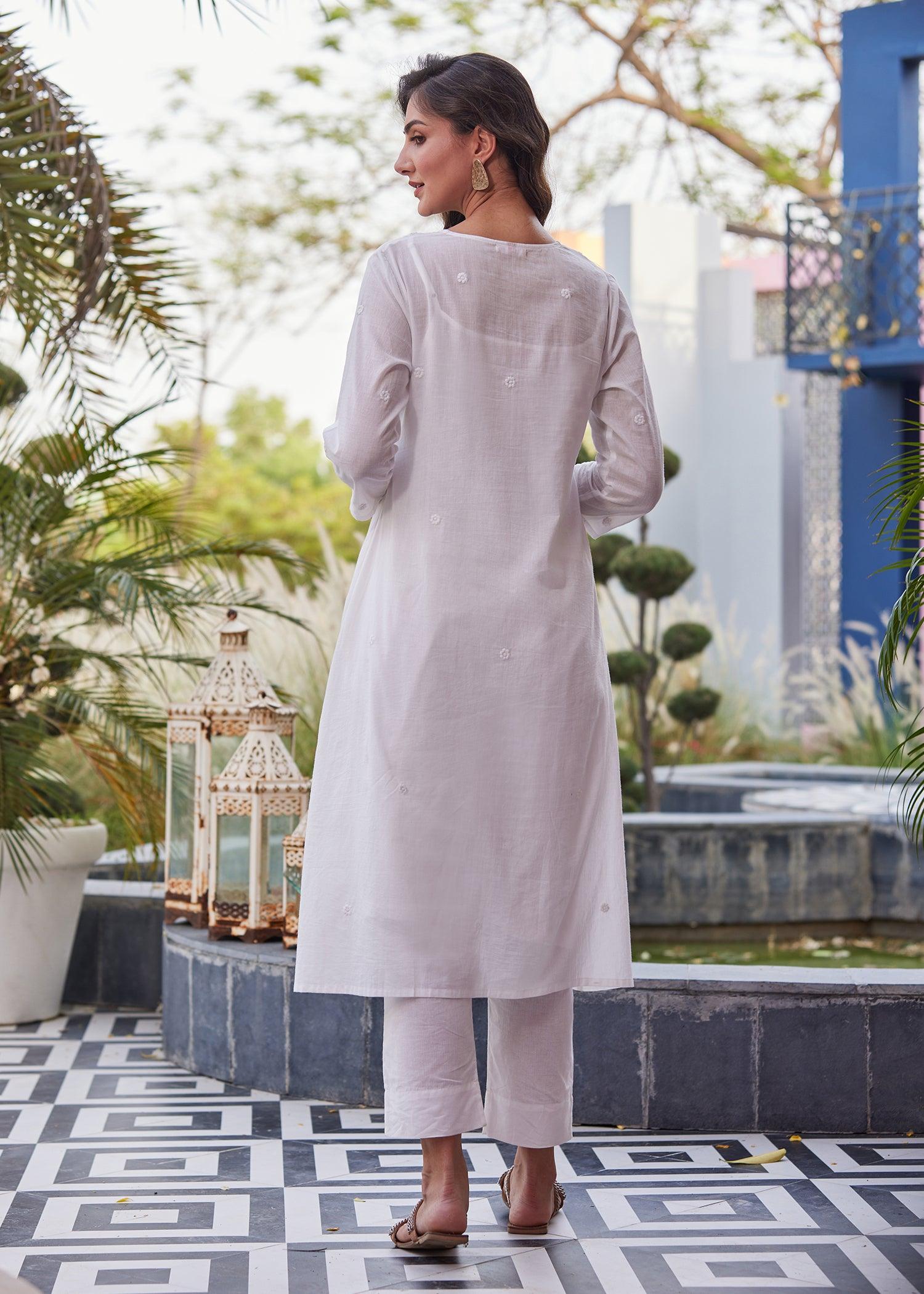 Off White Semi Flared Voile Long Kurta