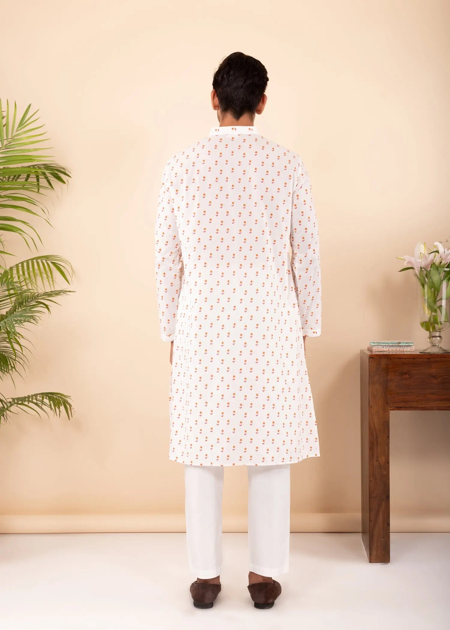 Cream & Rust Regular Cotton Full Sleeve Chinese Collar Long Kurta