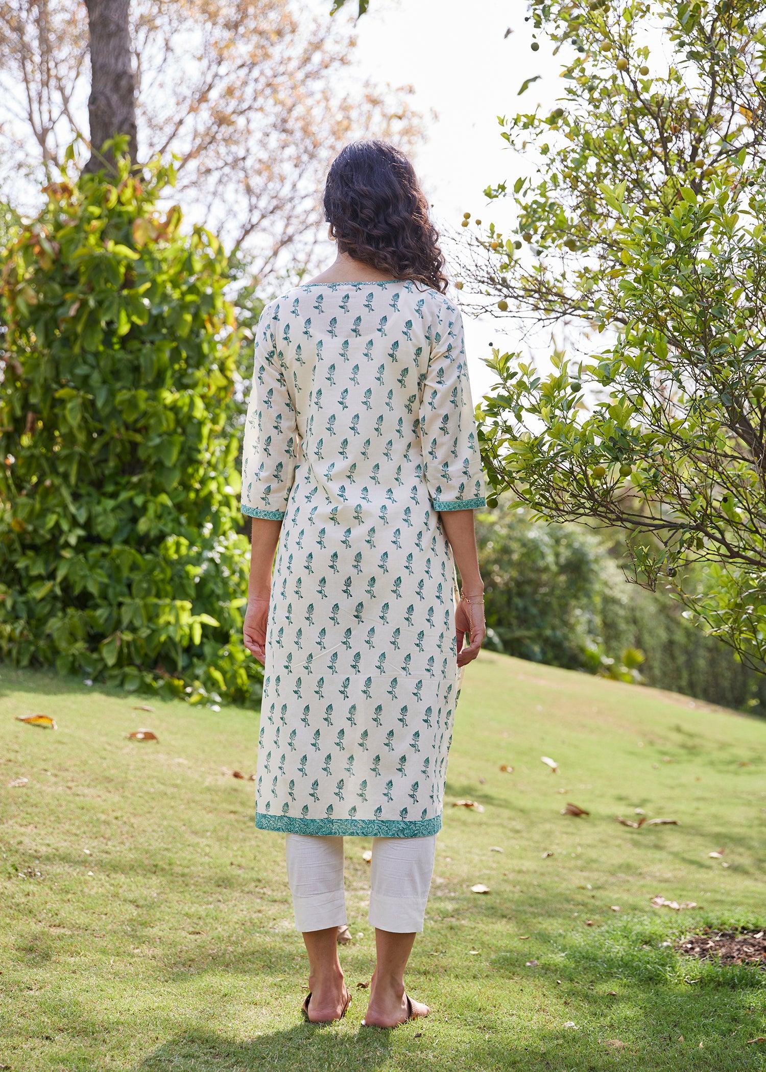 Cream & Green Straight Cotton Long Kurta