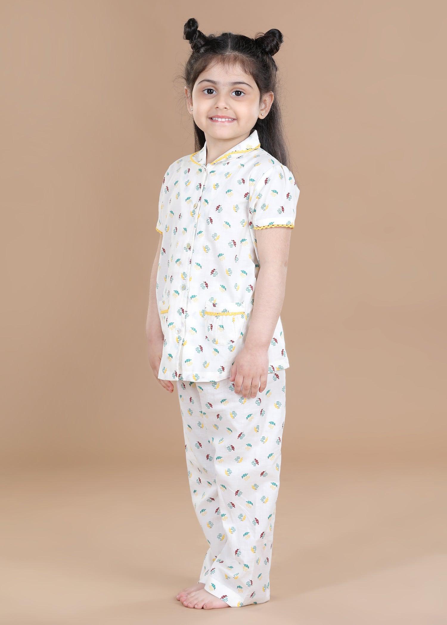 Bees Cream Half Sleeves Cotton Nighsuit Girl (1-12 Years)