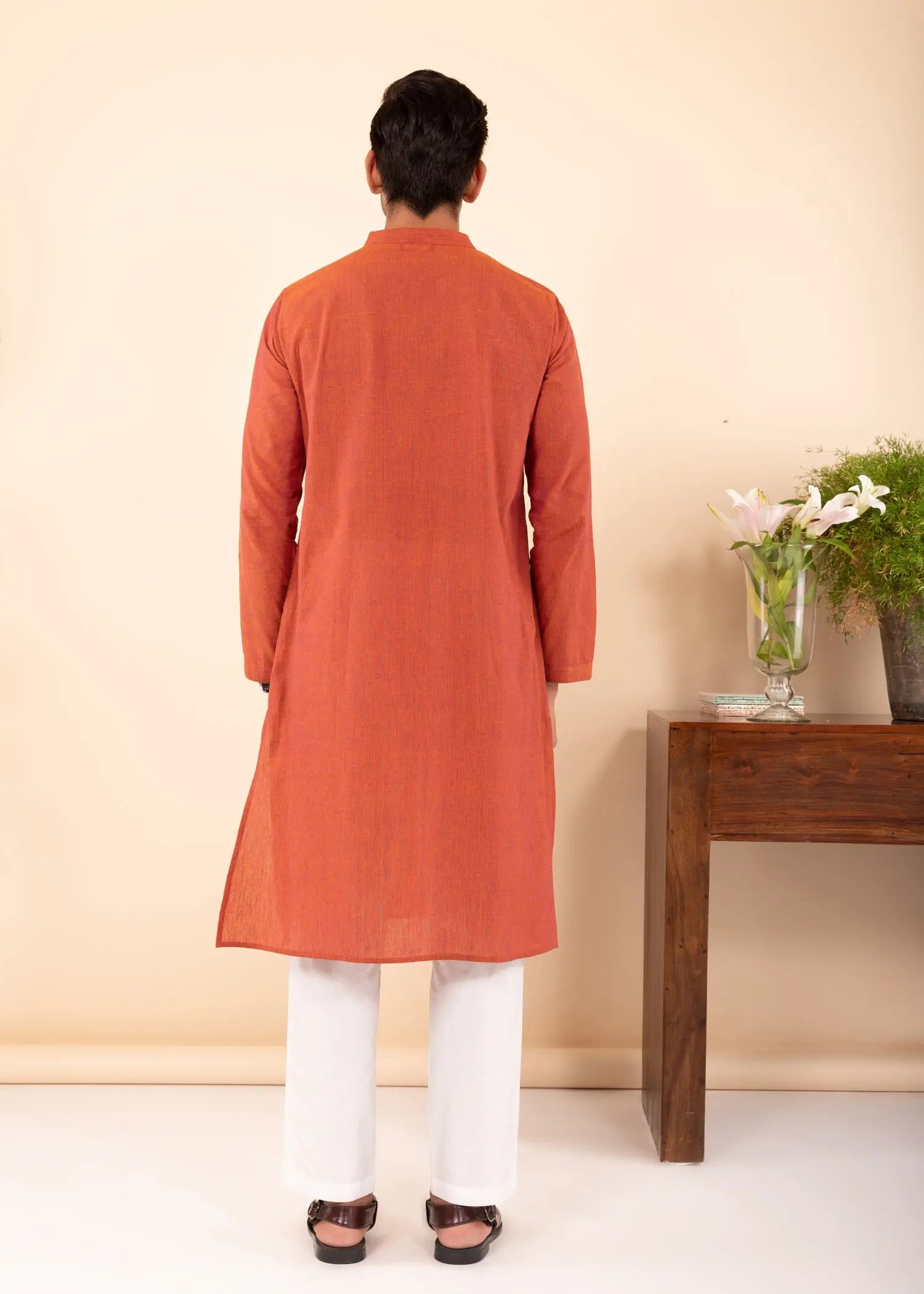 Orange Regular Woven Cotton Full Sleeve Chinese Collar Long Kurta