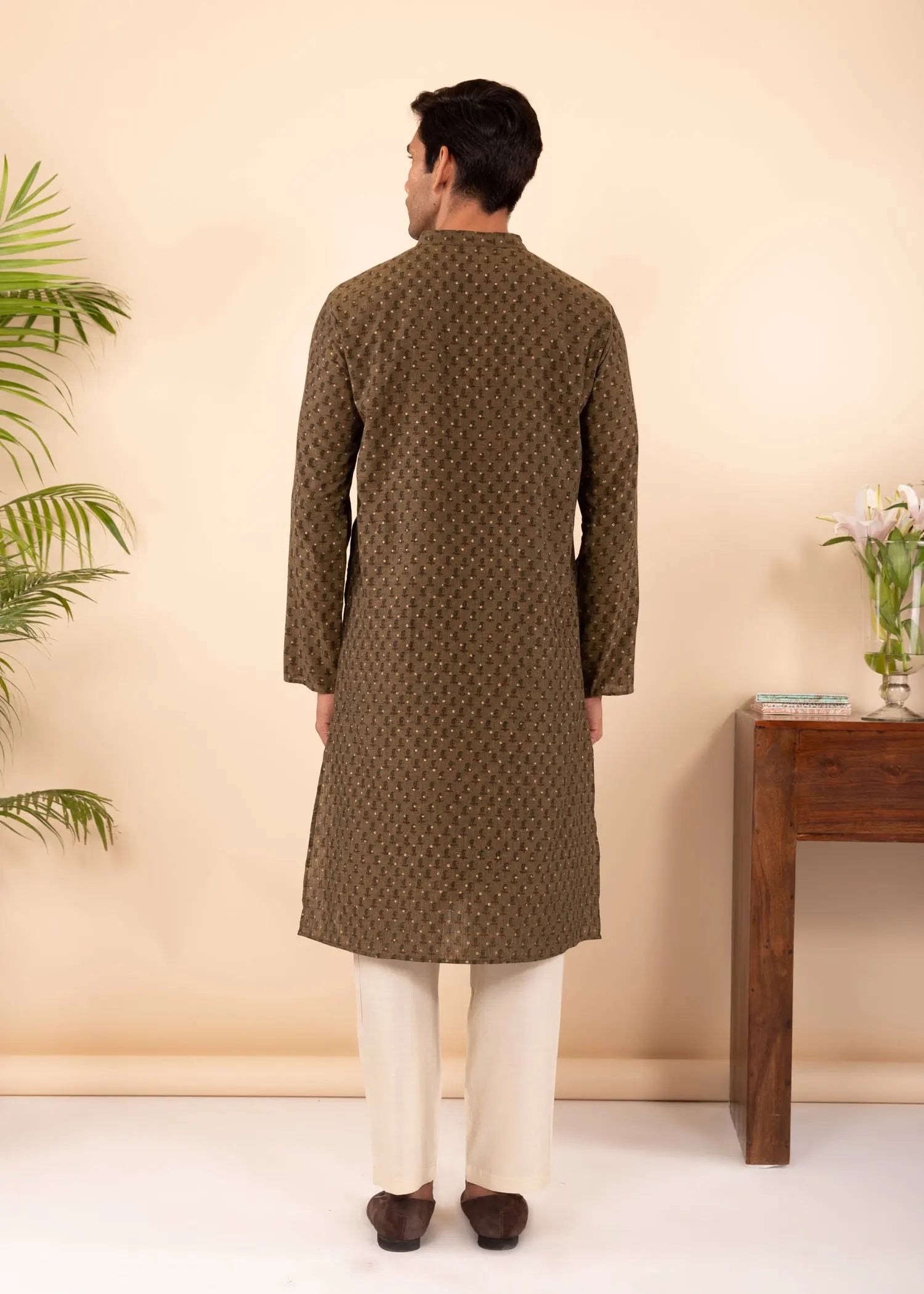 Olive Green Regular Woven Cotton Men's Long Kurta