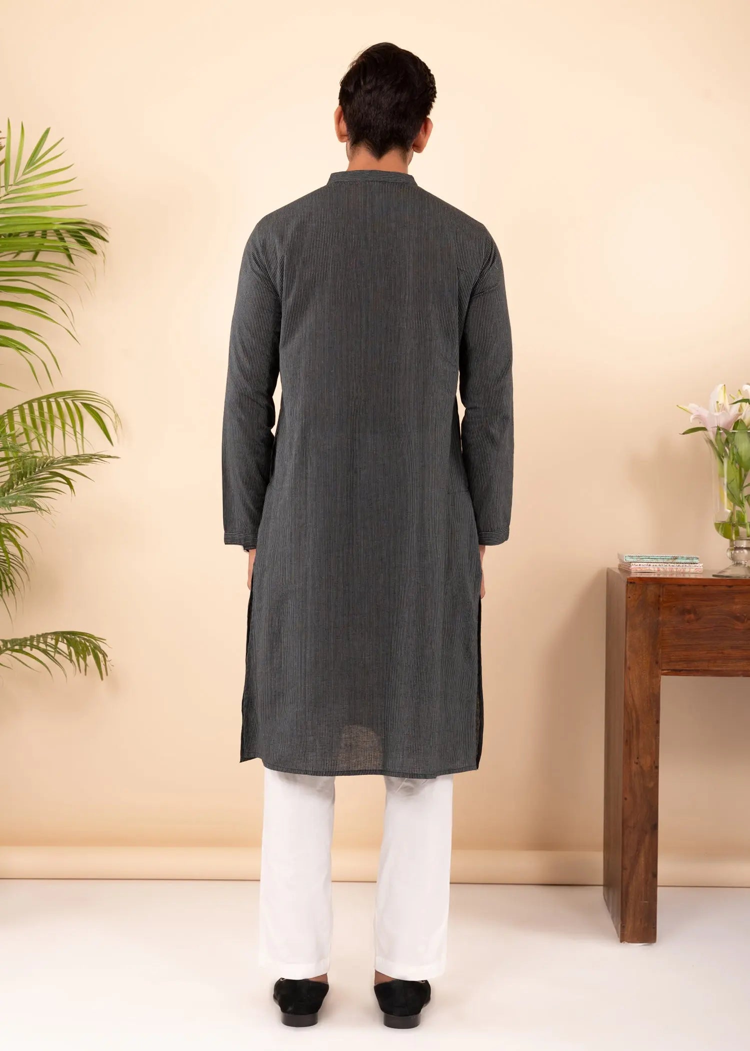 Black Regular Woven Cotton Full Sleeve Chinese Collar Long Kurta