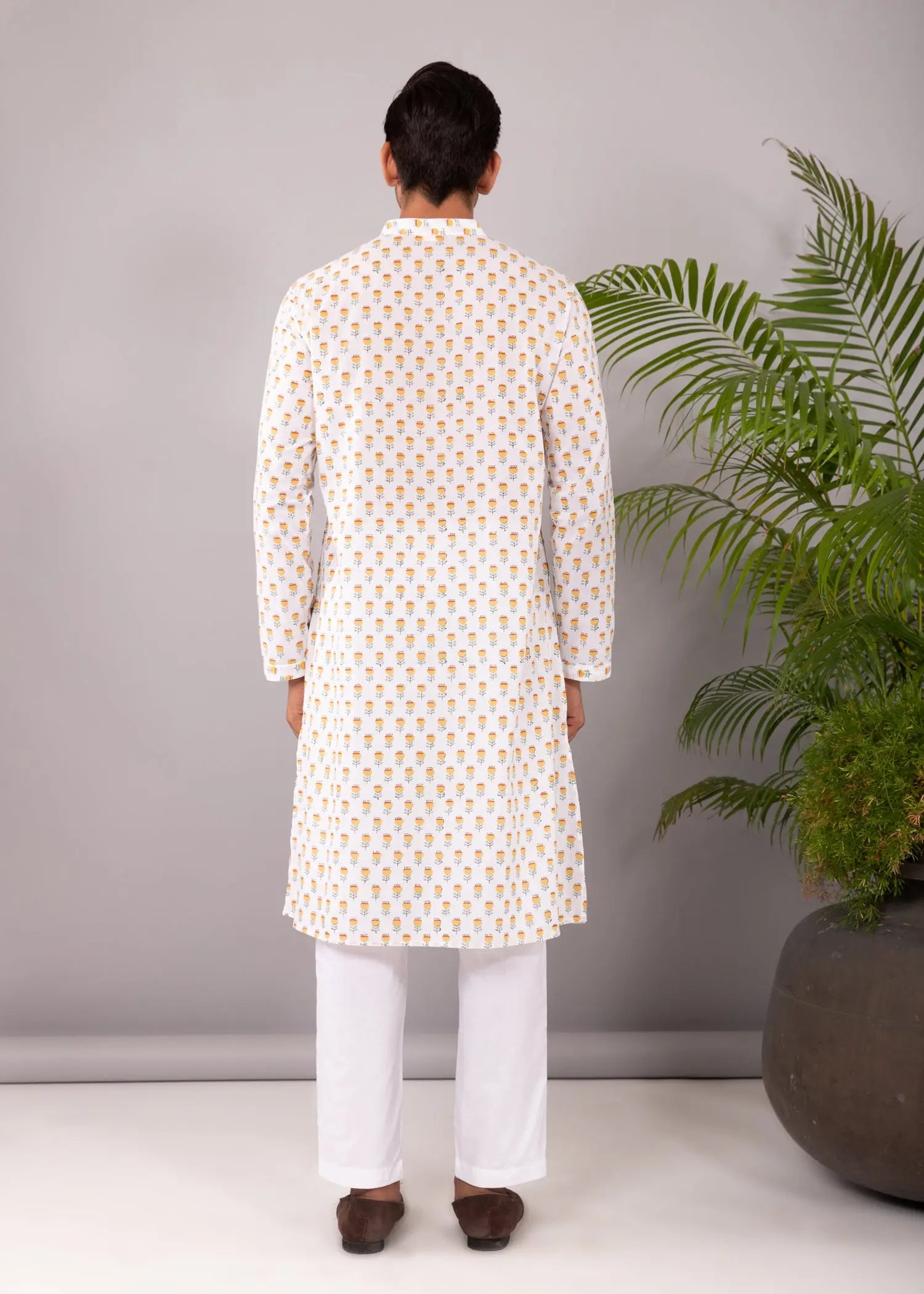 Yellow Regular Cotton Full Sleeve Chinese Collar Long Kurta