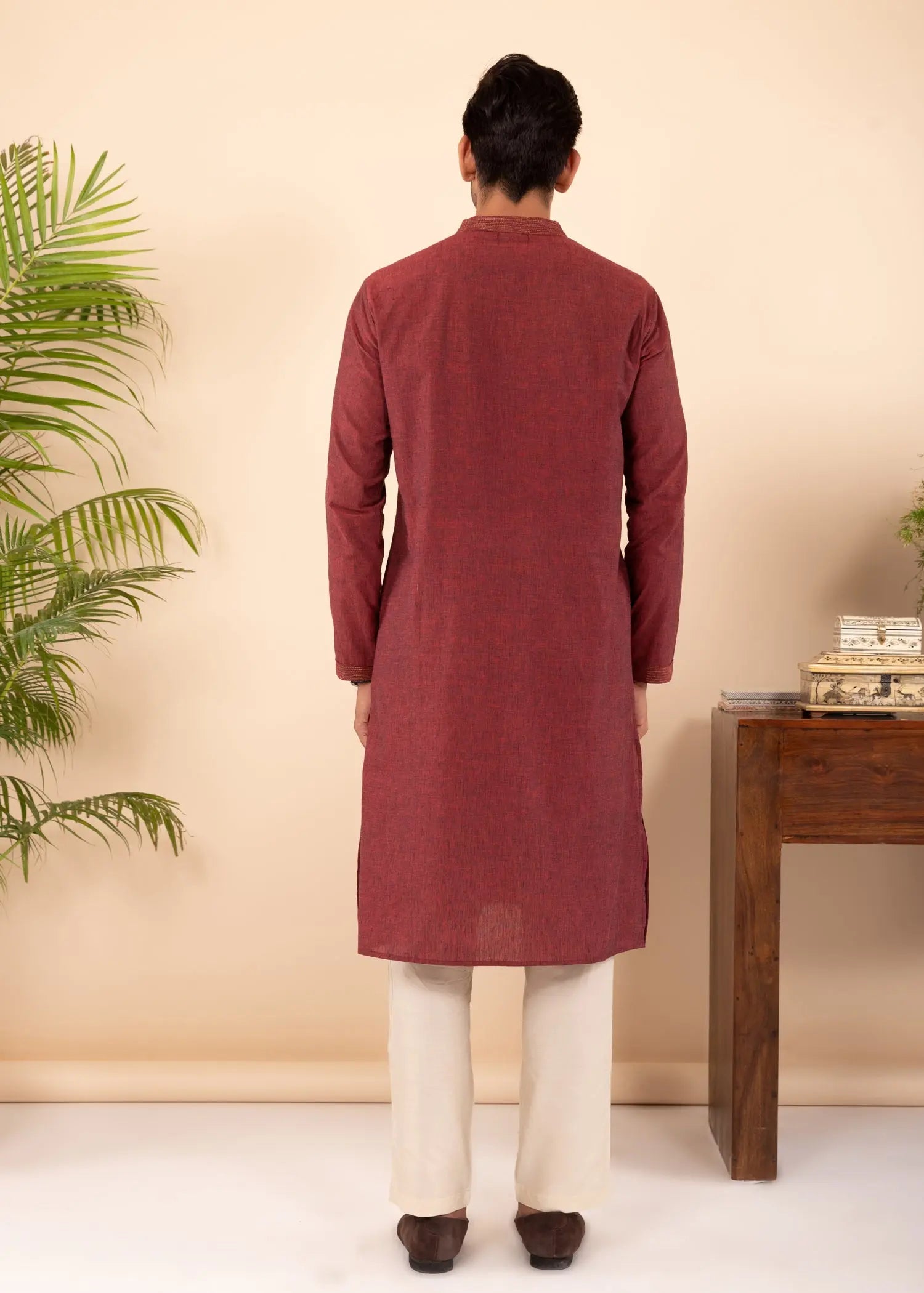 Rust Red Regular Woven Cotton Men's Long Kurta