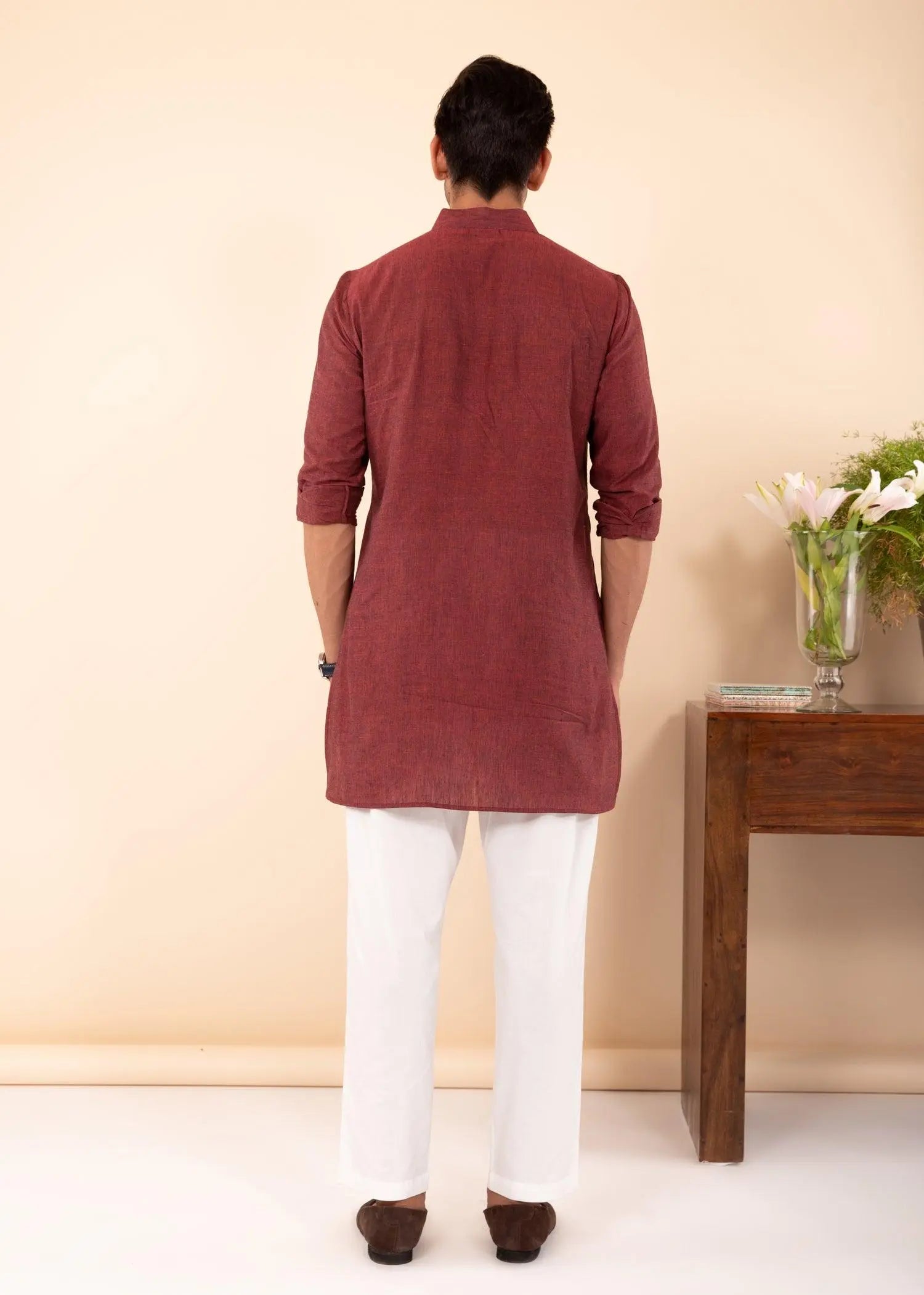 Rust Red Regular Woven Cotton Men's Short Kurta