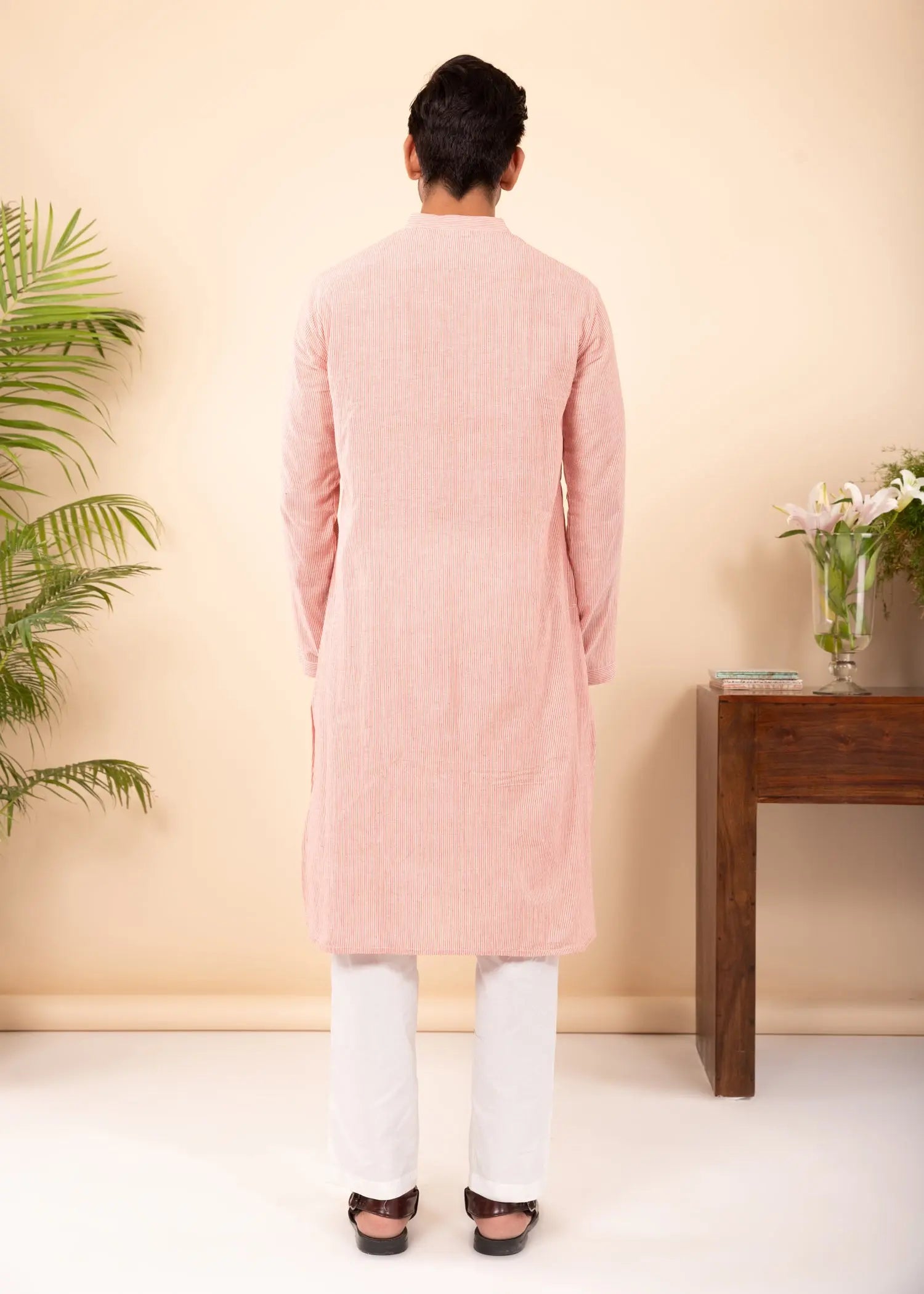 Pink Regular Woven Cotton Full Sleeve Chinese Collar Long Kurta