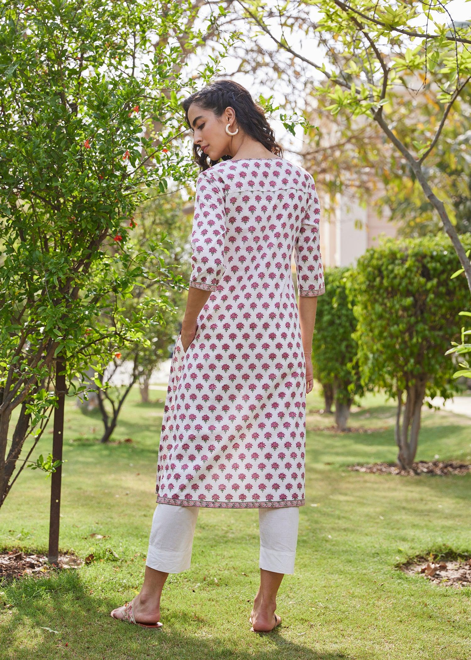 White & Pink Straight Cotton Long Kurta