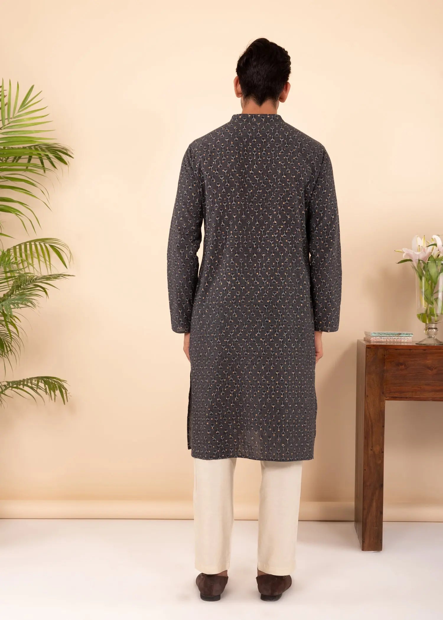 Grey Regular Woven Cotton Men's Long Kurta