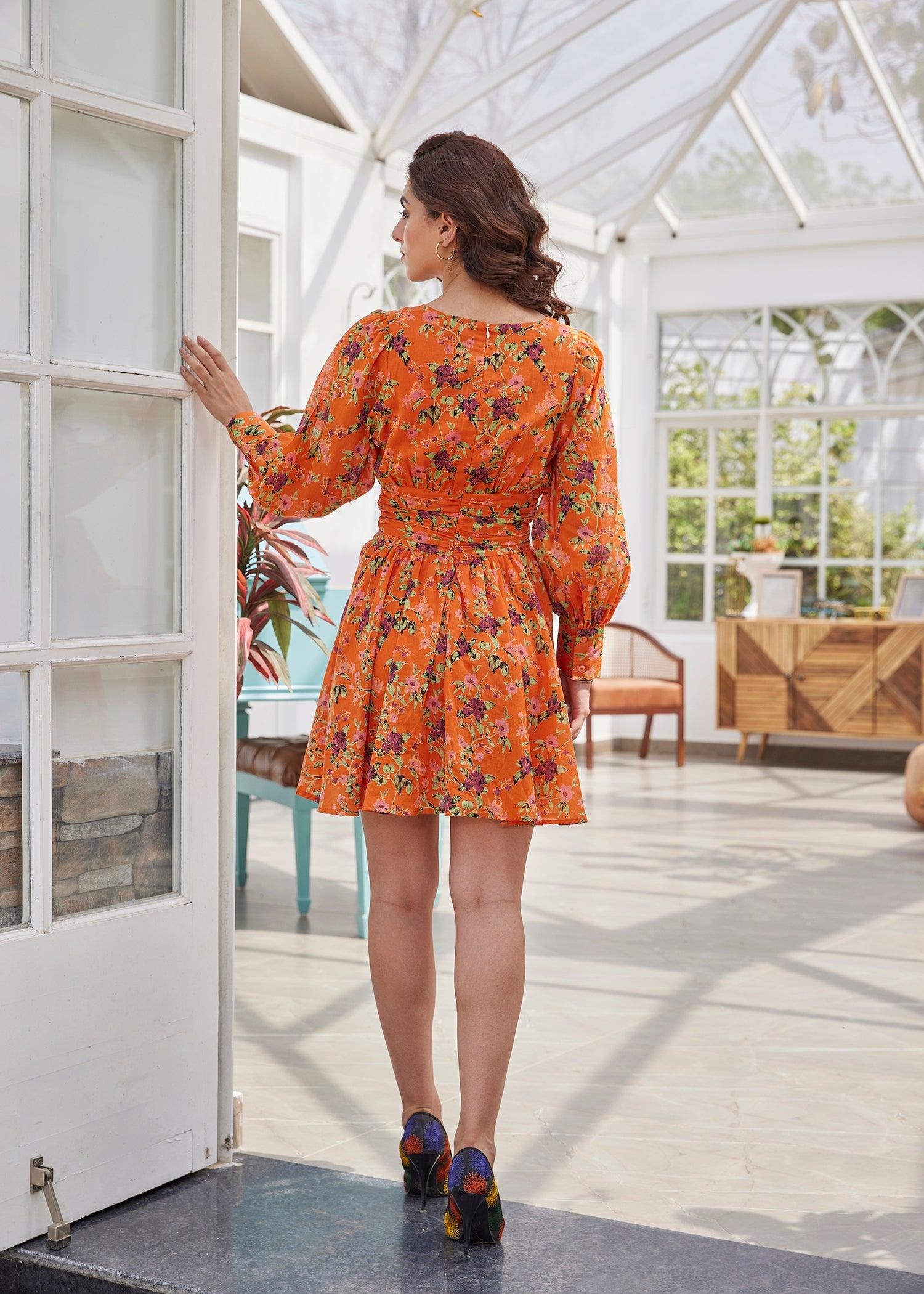 Orange Flared Voile Wrap Dress