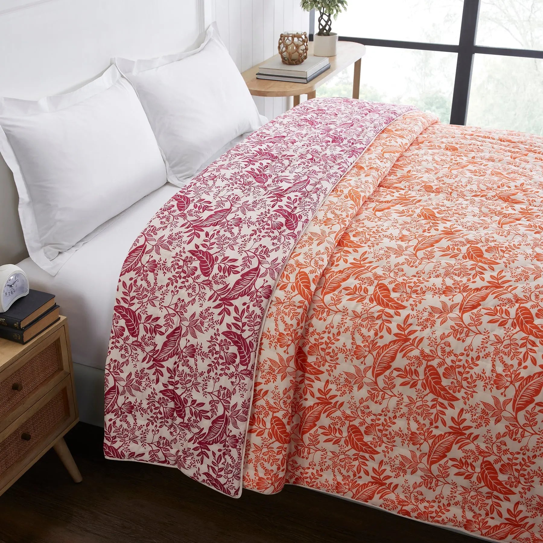 Leaf Orange & Pink Hand Screen Print Cotton Quilt