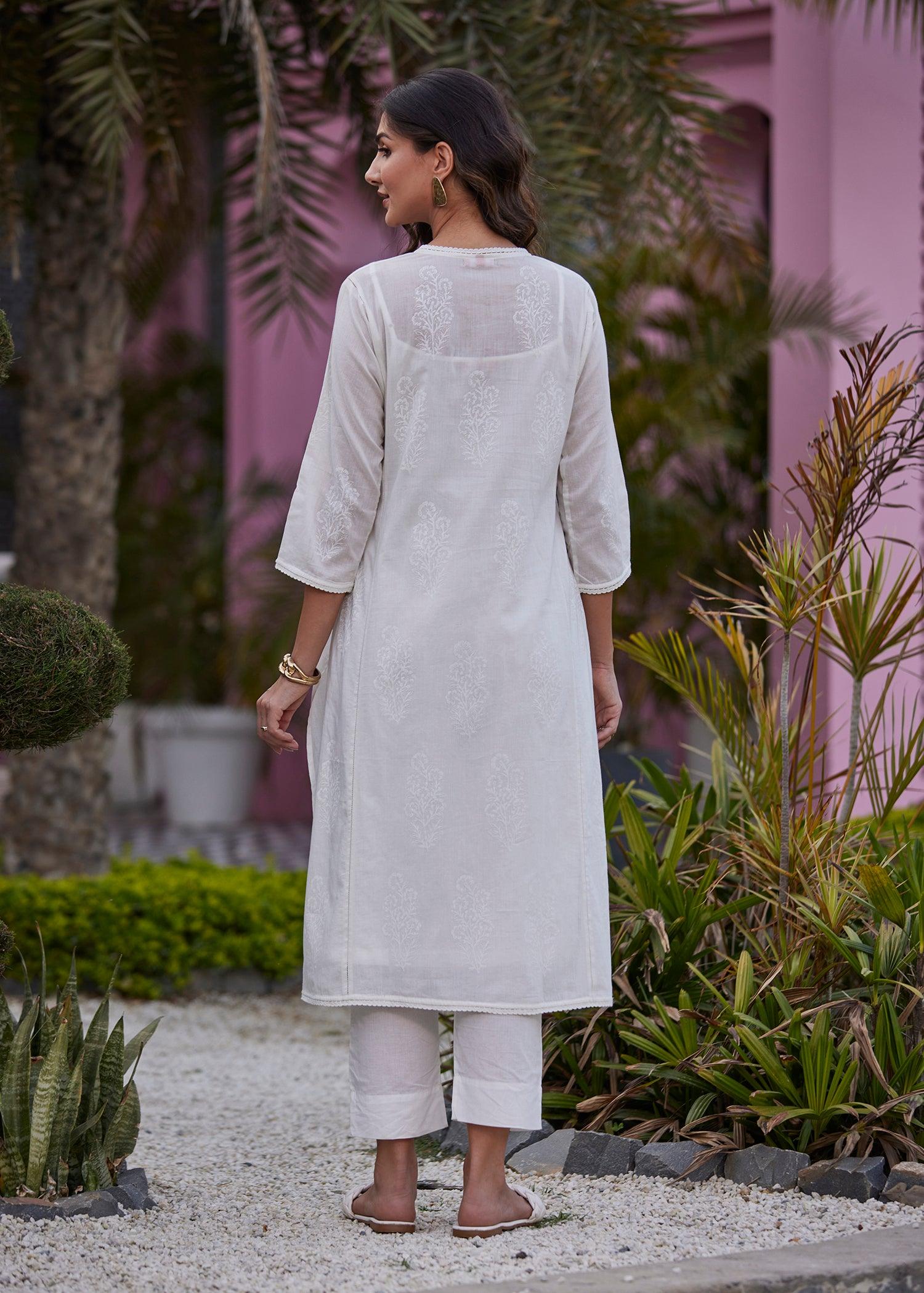 Off White A Line Voile Chikankari Long Kurta