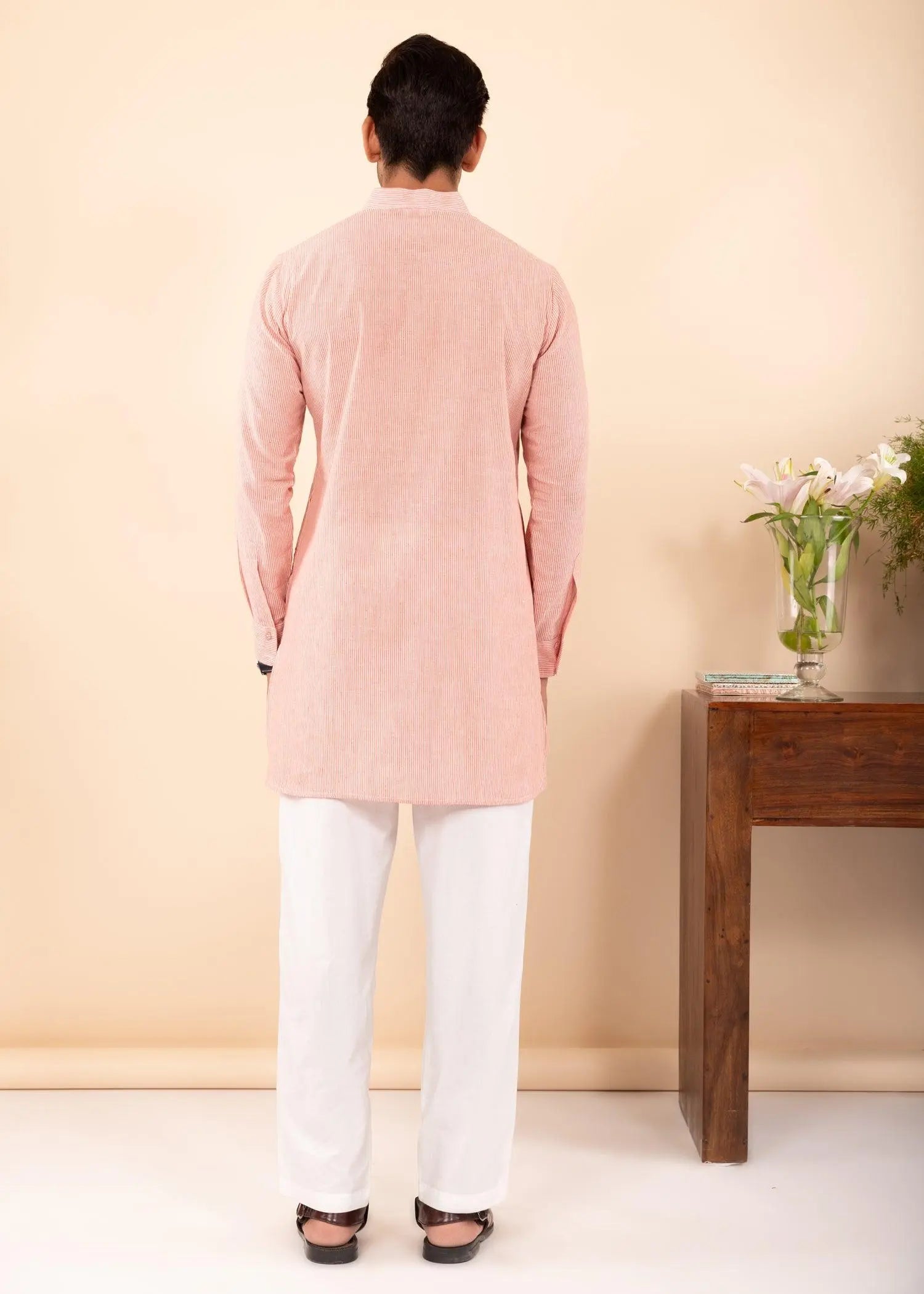 Pink Regular Woven Cotton Men's Short Kurta