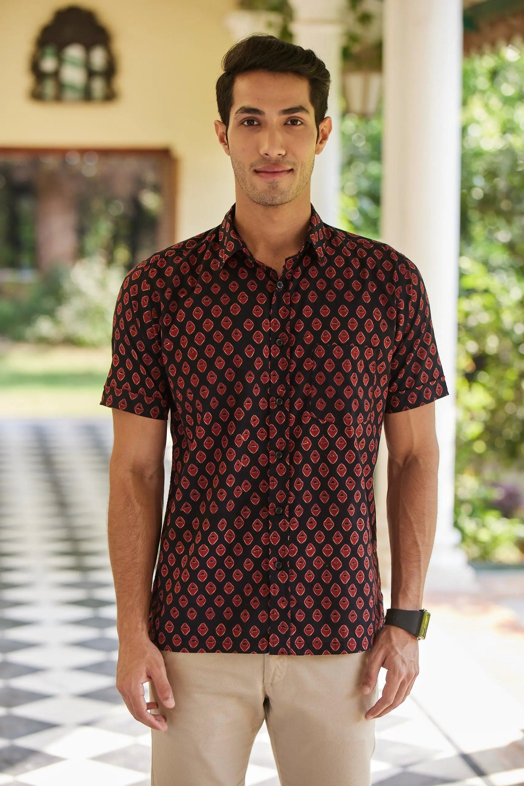 Black & Red Color Regular Fit Cotton Half Sleeve Shirt