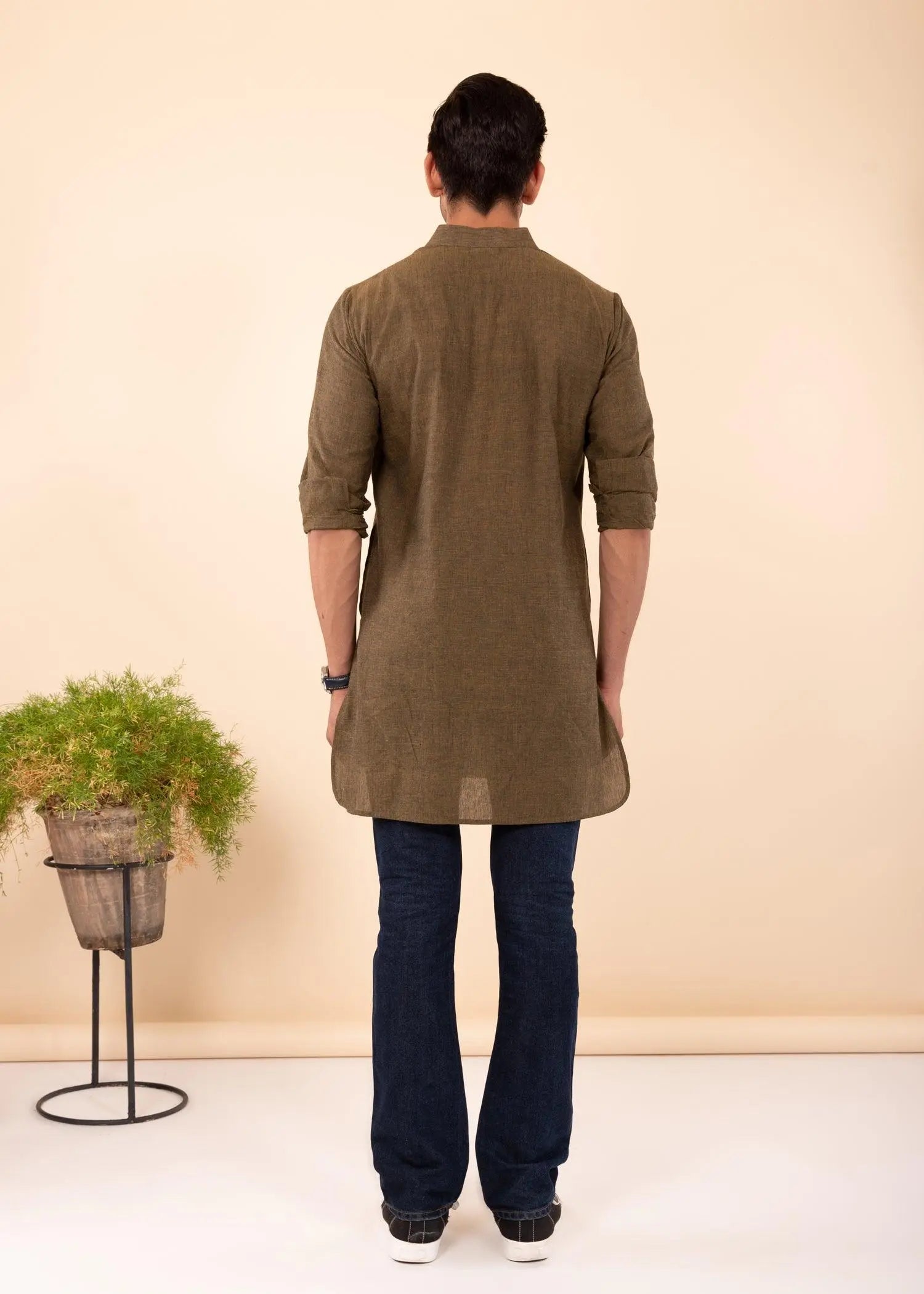 Olive Green Regular Woven Cotton Men's Short Kurta