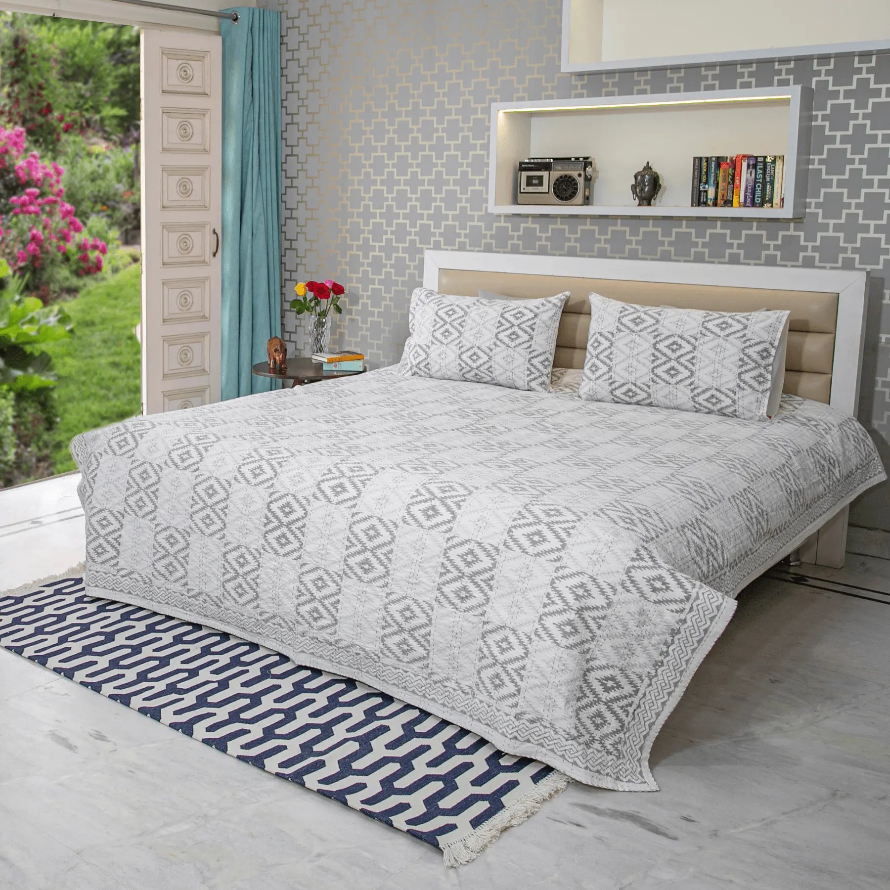 Grey Color Hand Block Printed Katha Bedcover with 2 Pillow Covers