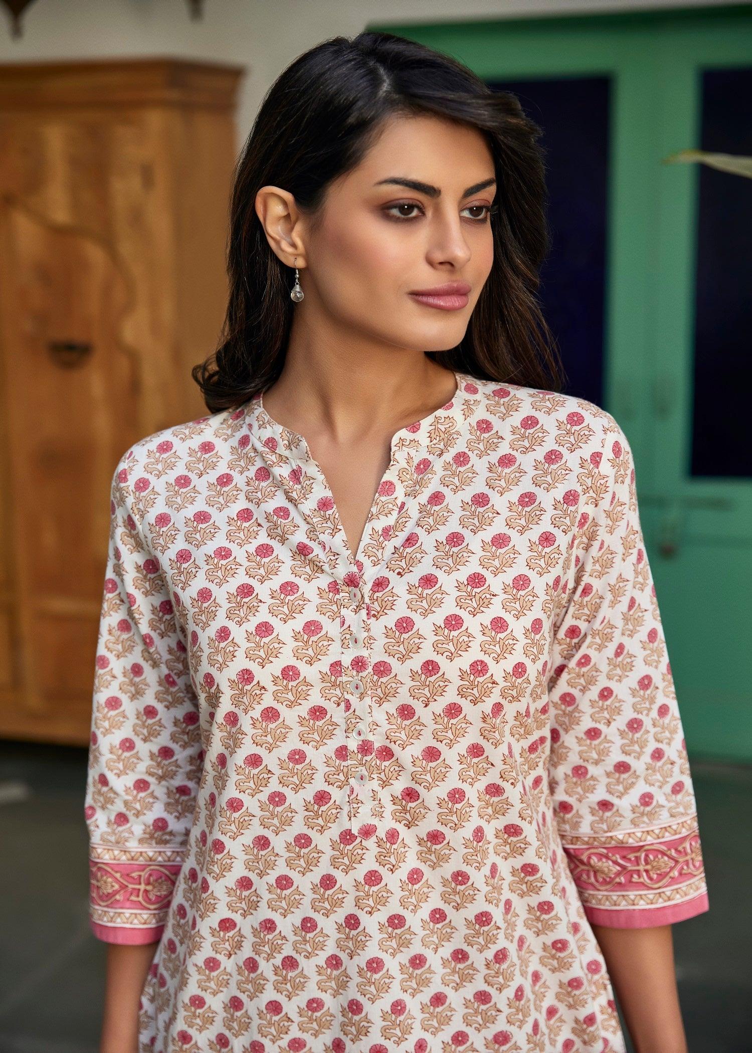 Smiriti Cream/Pink Cotton Straight Kurta